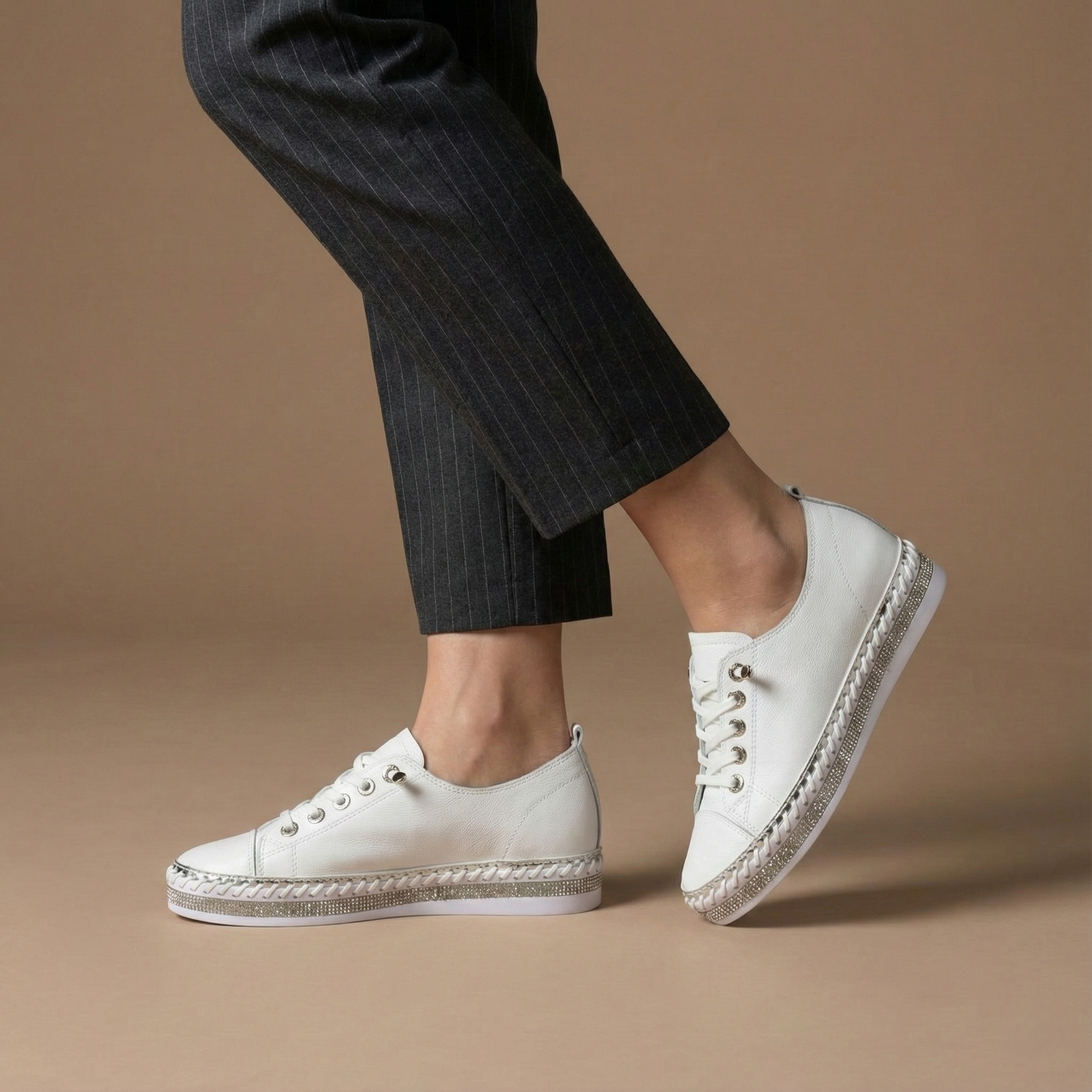 Harper White Crystal Trim Leather Sneaker