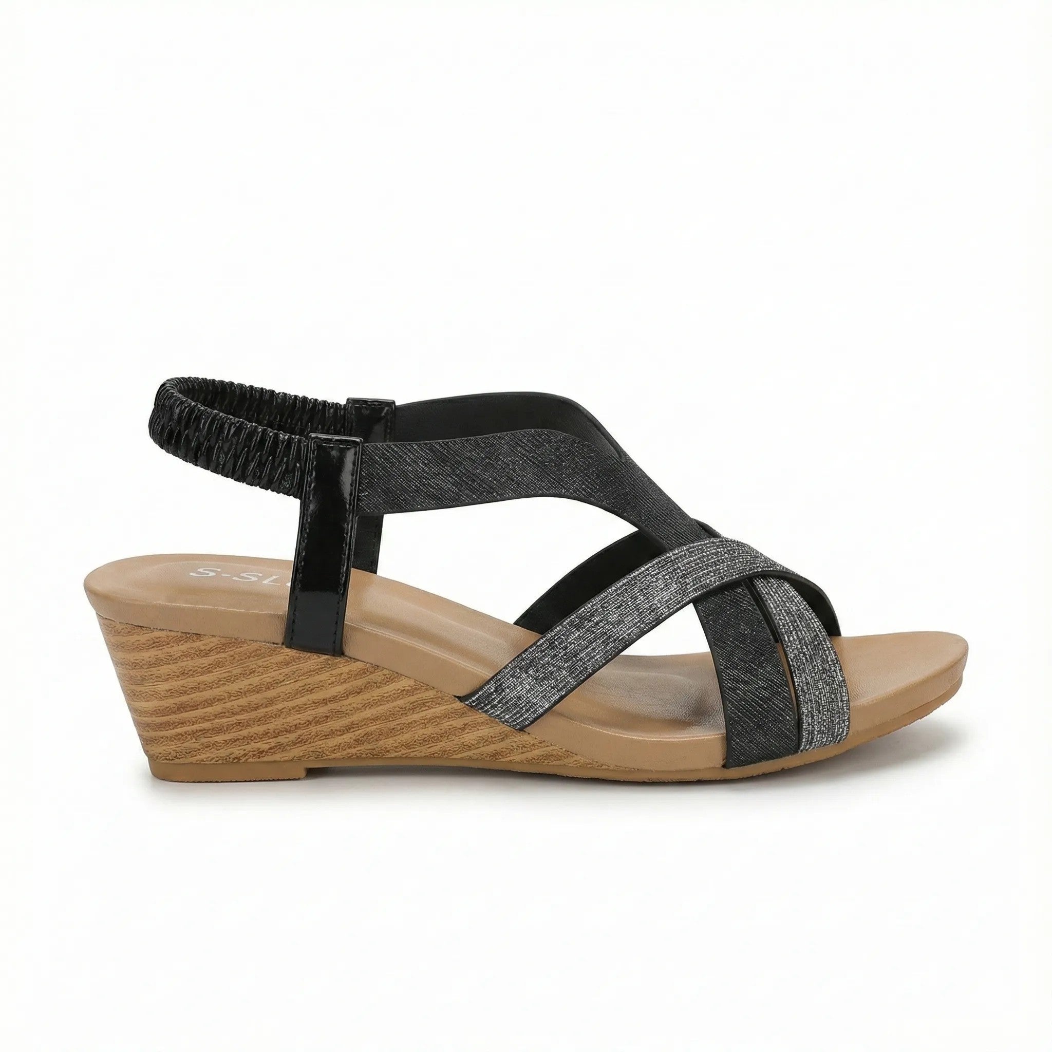 Sienna Black Cross Strap Wedge Sandal