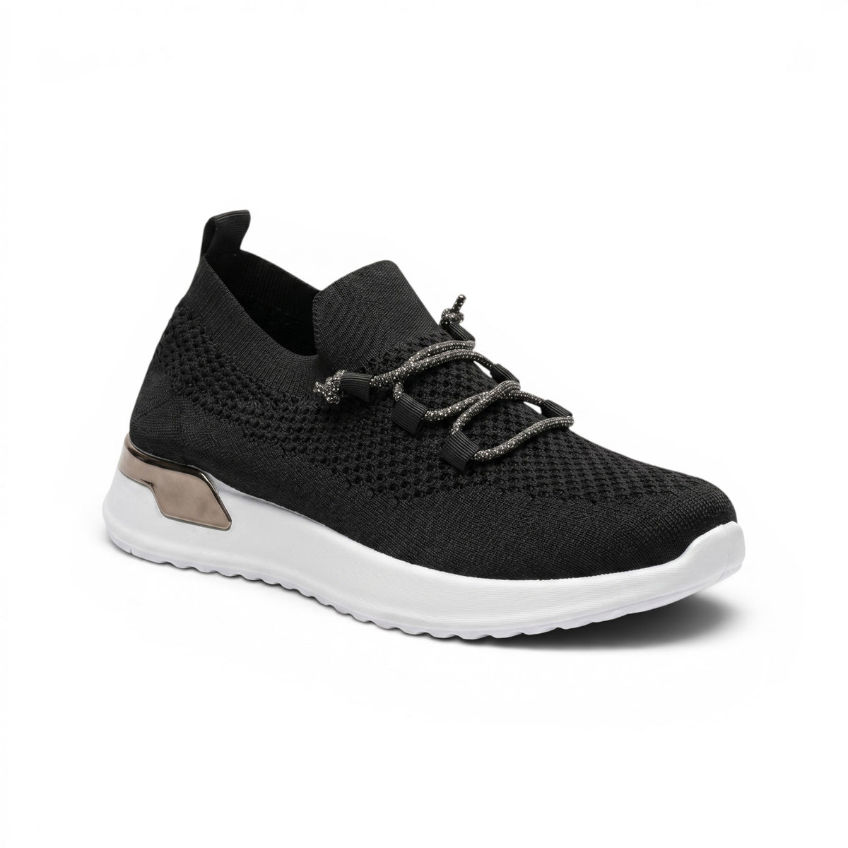 Black knit lace-up sneakers with cushioned sole and elegant crystal-style laces. Lightweight, breathable, and designed for everyday comfort.