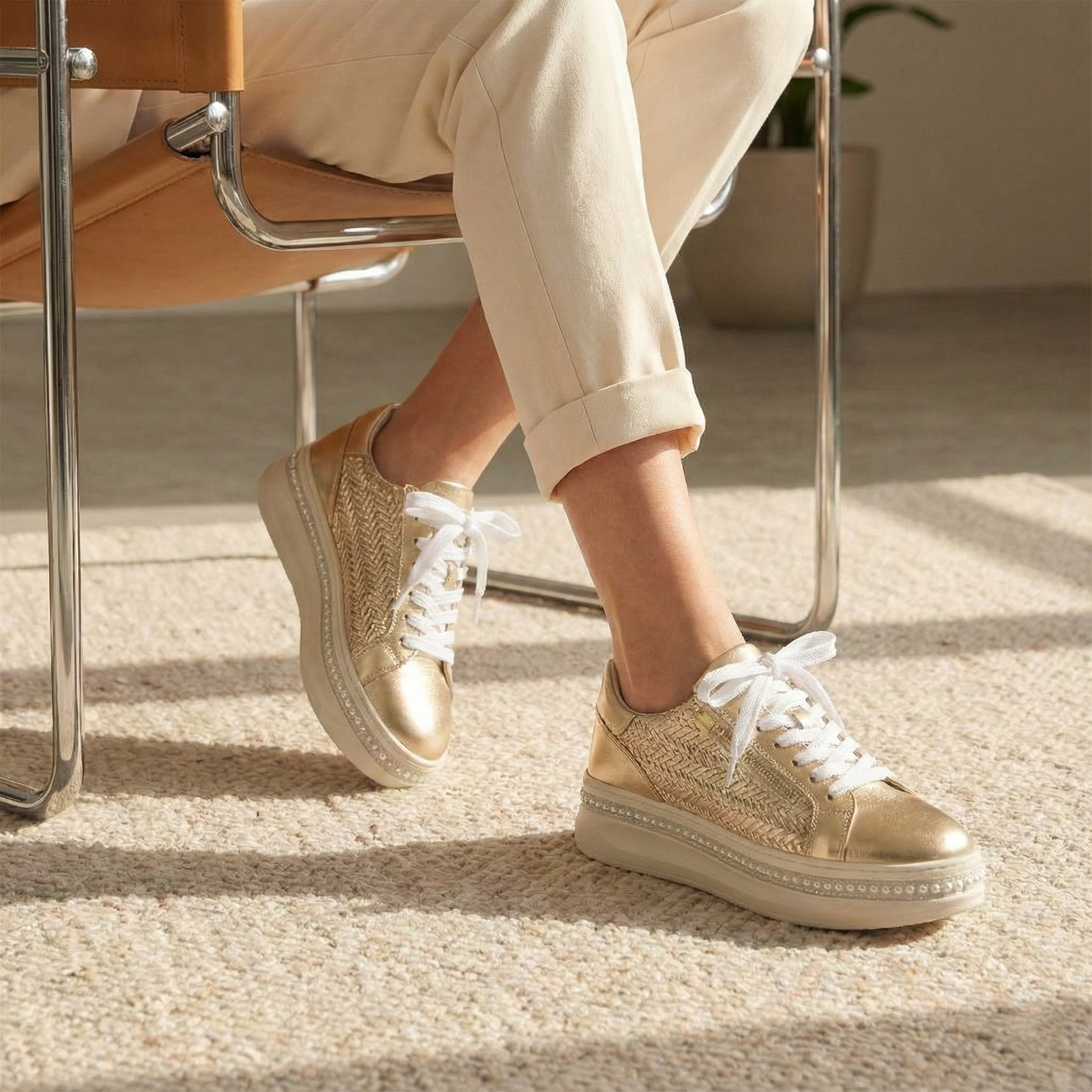 Ava Gold Pearl Weave Zip Platform Sneaker