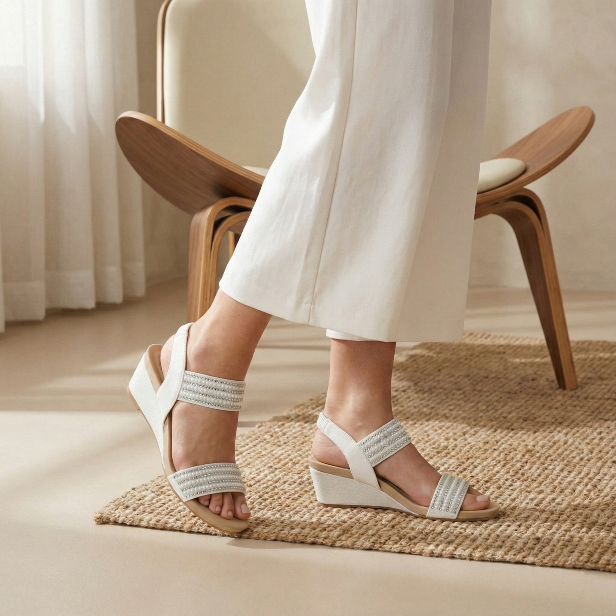 Elara White Embellished Wedge Sandal