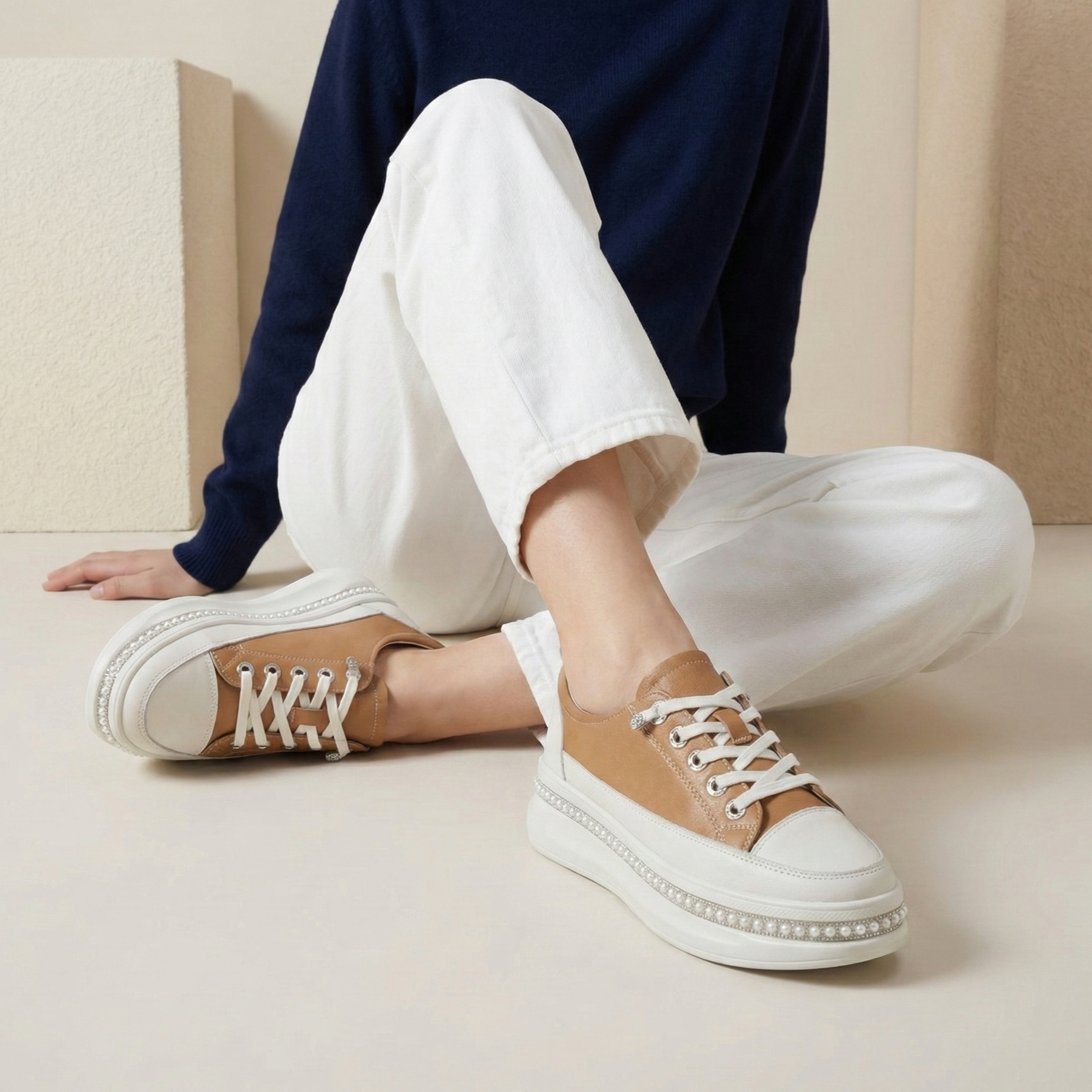 Florence Camel Pearl Platform Sneaker