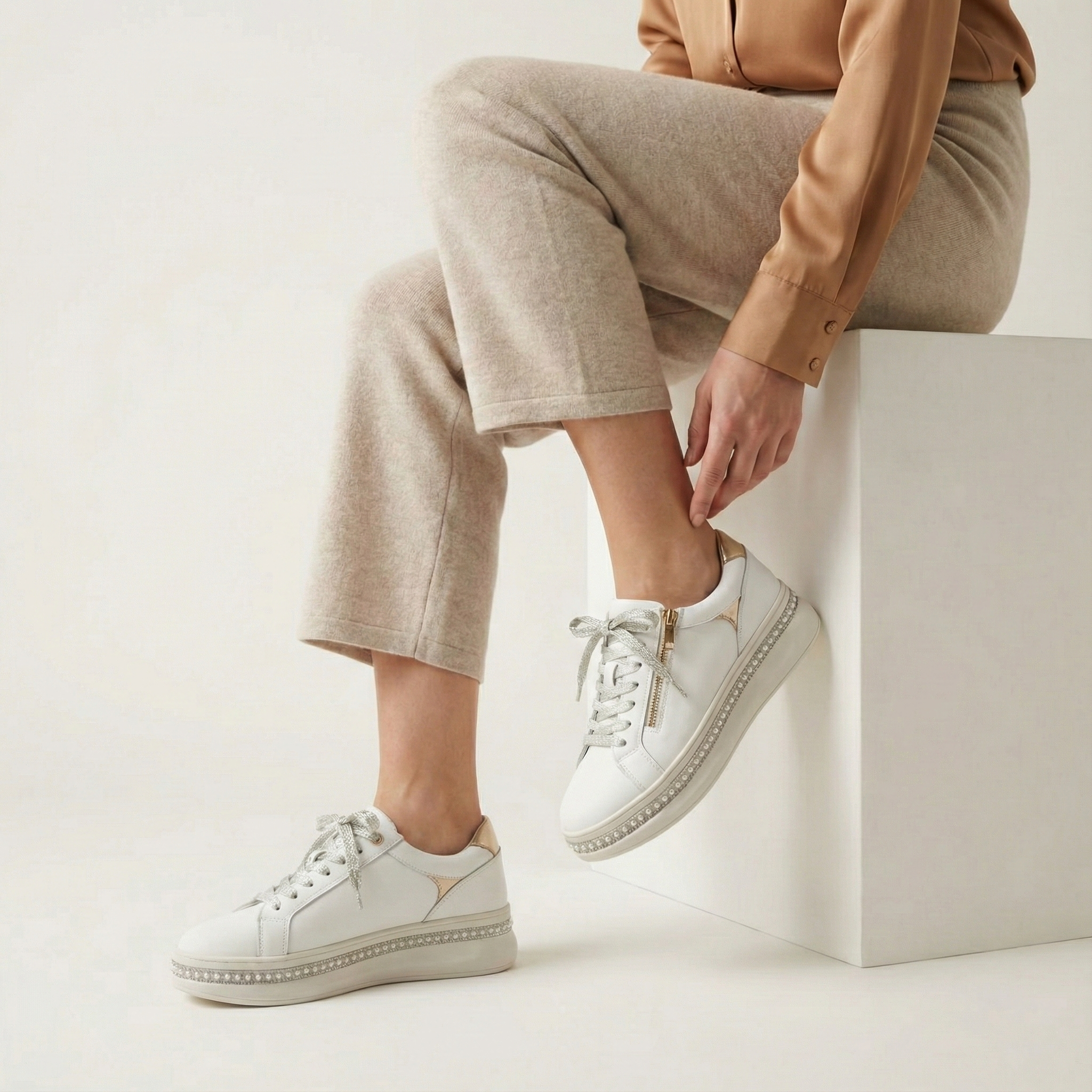 Maribel White Pearl Zip Platform Sneaker
