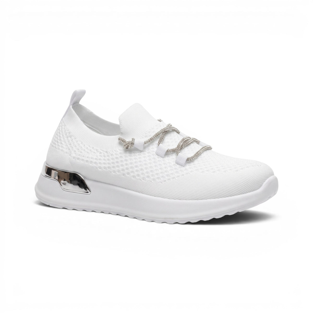 White knit lace-up sneakers with breathable upper, cushioned sole, and subtle crystal-style detailing. Comfortable, stylish, and easy to wear.