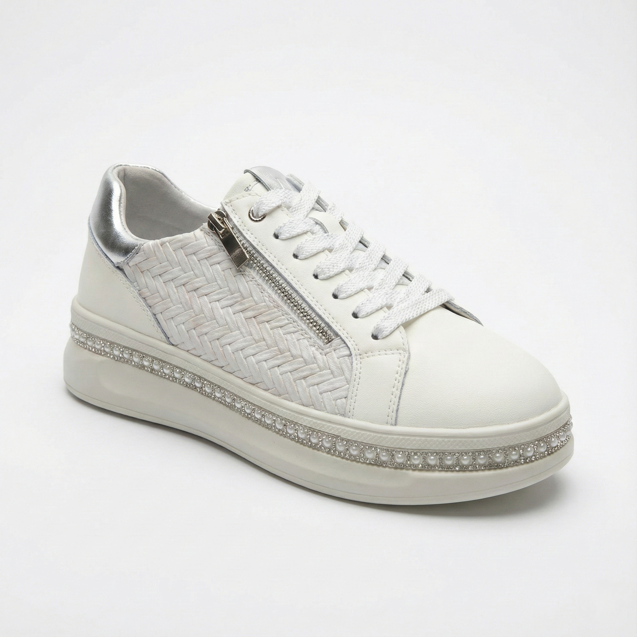 Ava Beige Pearl Weave Zip Platform Sneaker