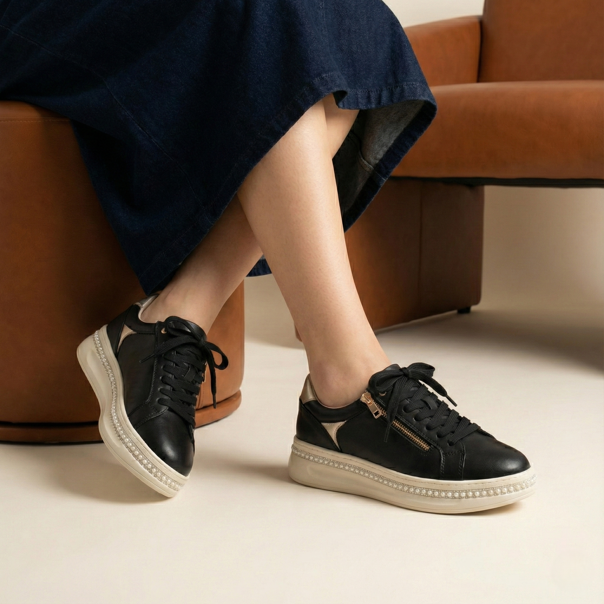 Maribel Black Pearl Zip Platform Sneaker