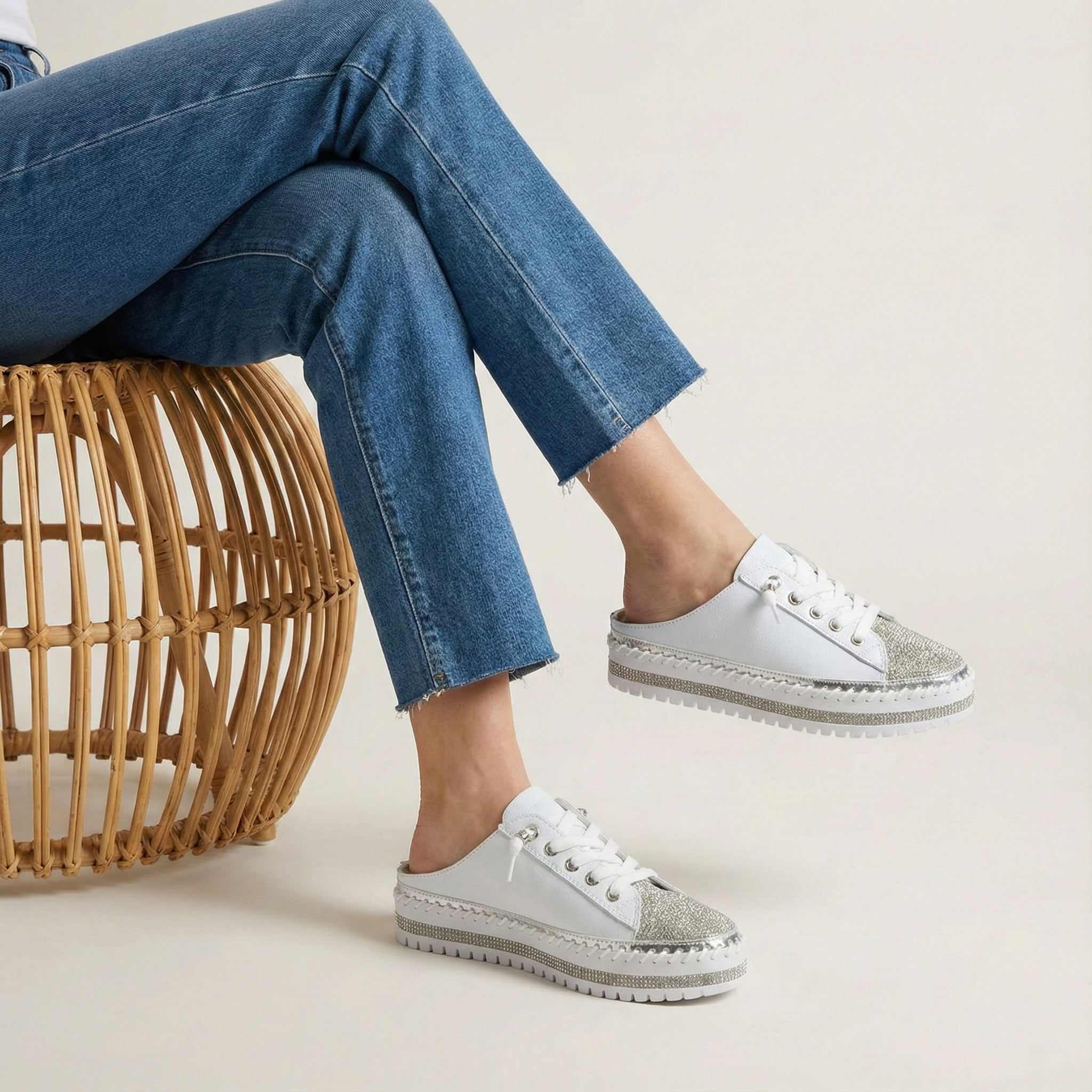 Mila White Sparkle Toe Mule Sneaker