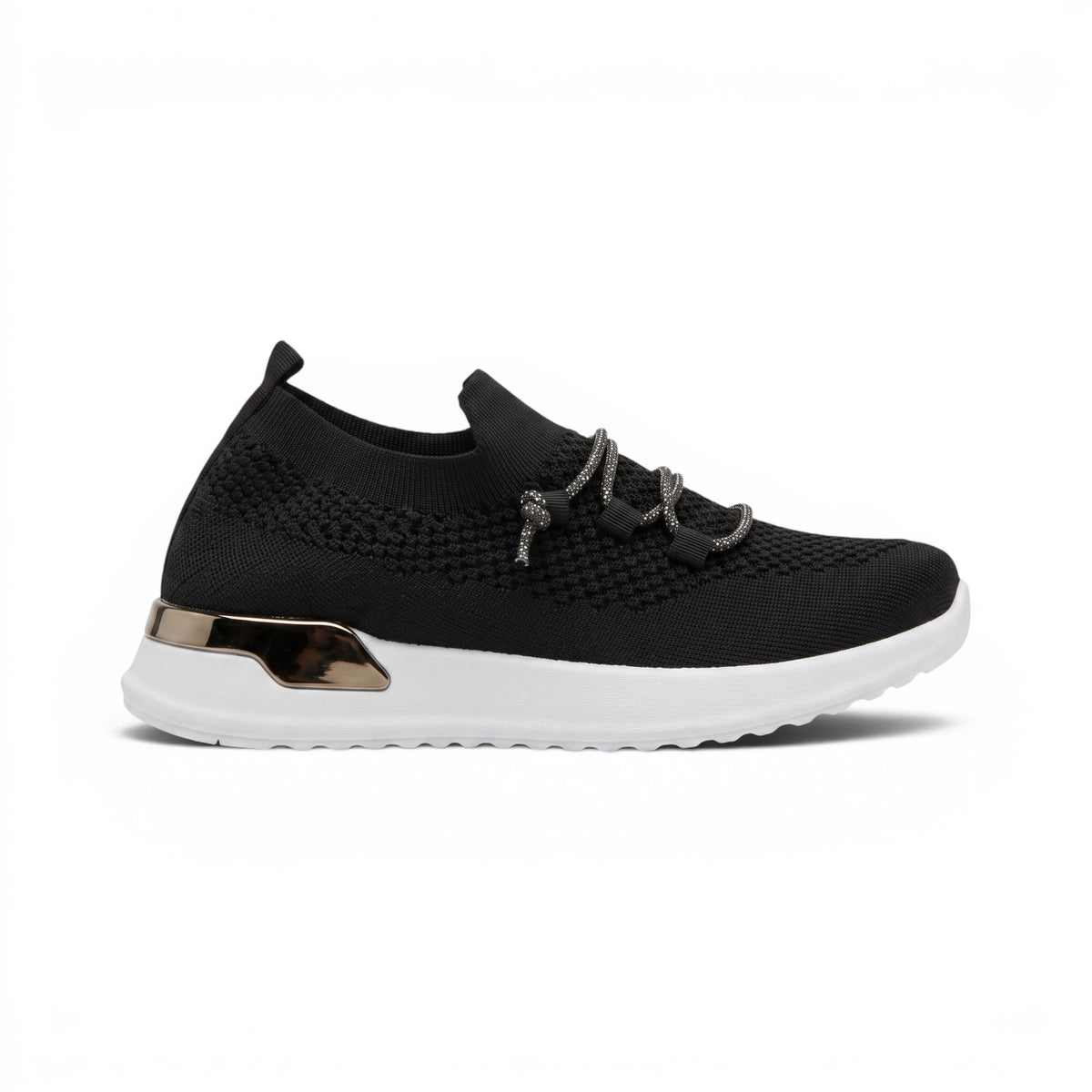 Black knit lace-up sneakers with cushioned sole and elegant crystal-style laces. Lightweight, breathable, and designed for everyday comfort.