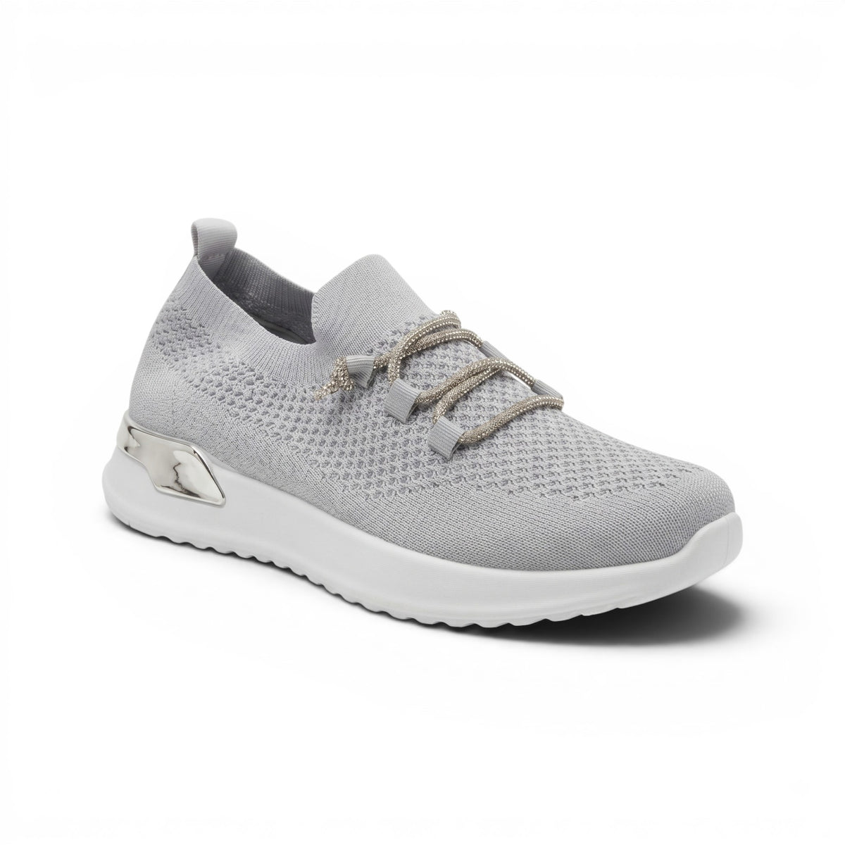 Grey knit lace-up sneakers with breathable upper, cushioned sole, and subtle crystal-style detailing. Comfortable, stylish, and easy to wear.