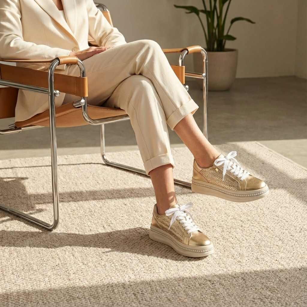 Ava Gold Pearl Weave Zip Platform Sneaker