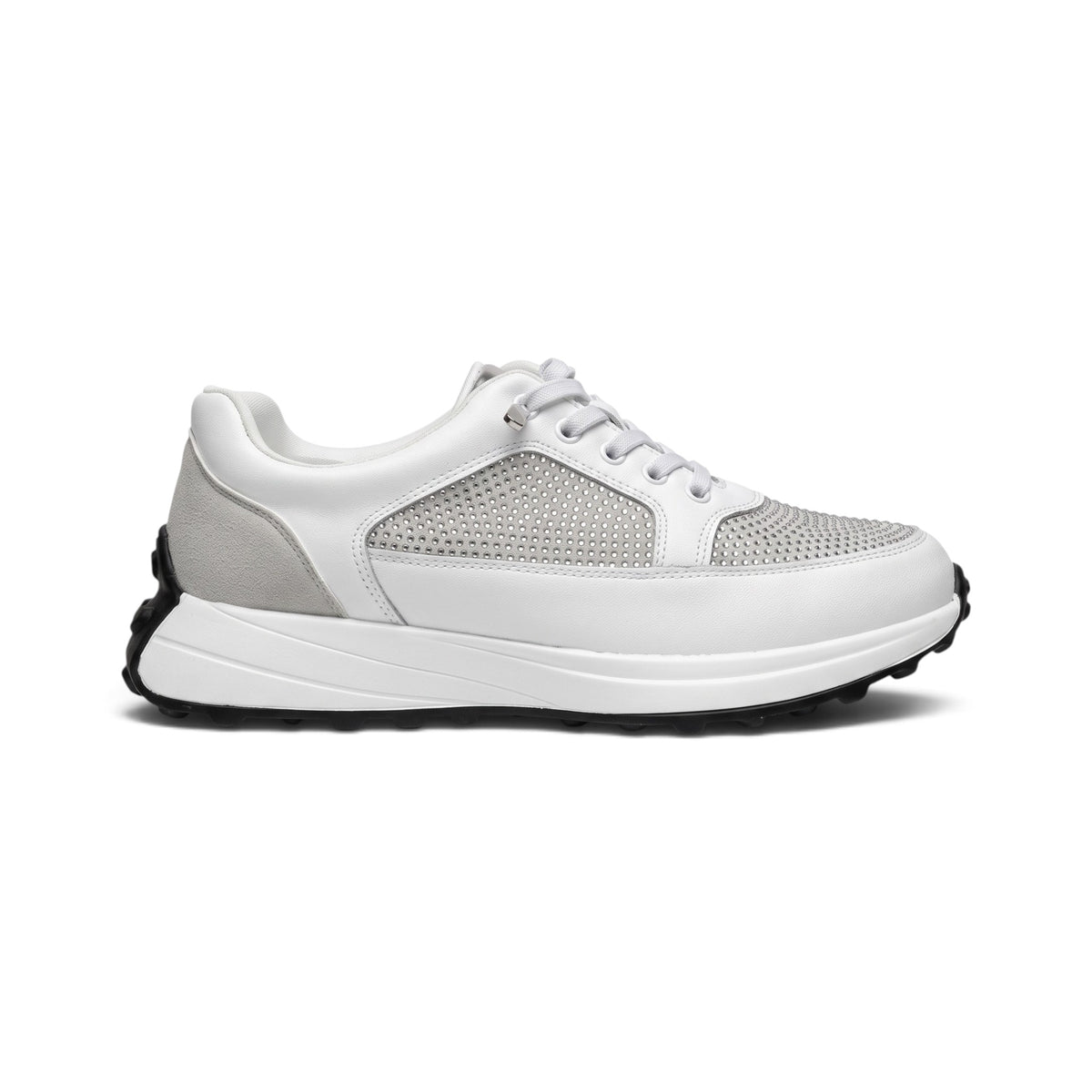 A white and silver diamante platform runner sneaker with sparkling panels, a lightweight cushioned sole and padded comfort for everyday wear.