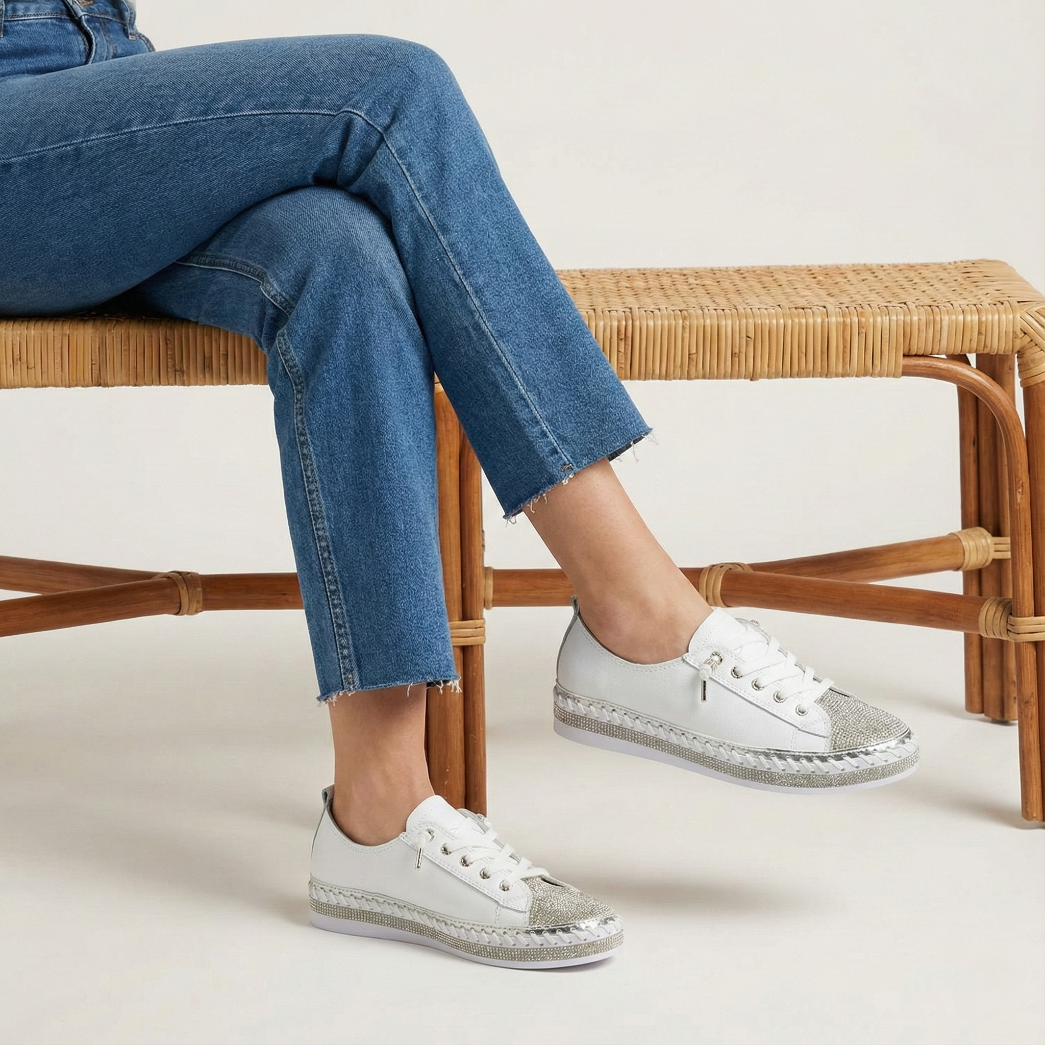 Sofia White Crystal Toe Leather Sneaker