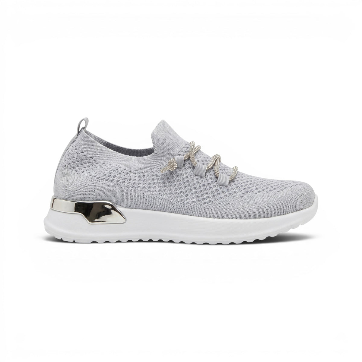 Grey knit lace-up sneakers with breathable upper, cushioned sole, and subtle crystal-style detailing. Comfortable, stylish, and easy to wear.