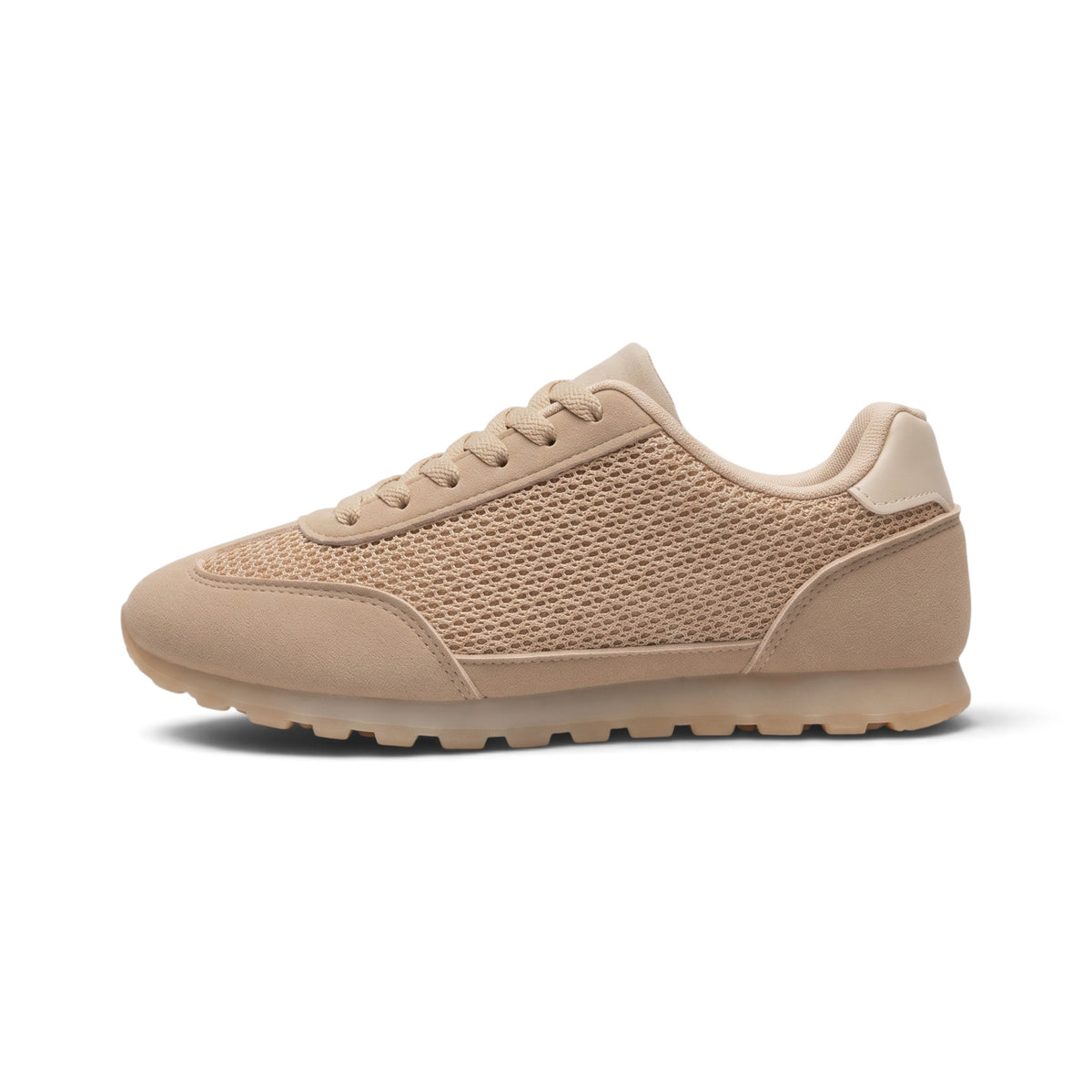 A classic low-top sneaker in beige and off-white, featuring a mix of suede, mesh, and textile panels, with a white diagonal side stripe. The shoe is shown in a side profile view against a plain white background.