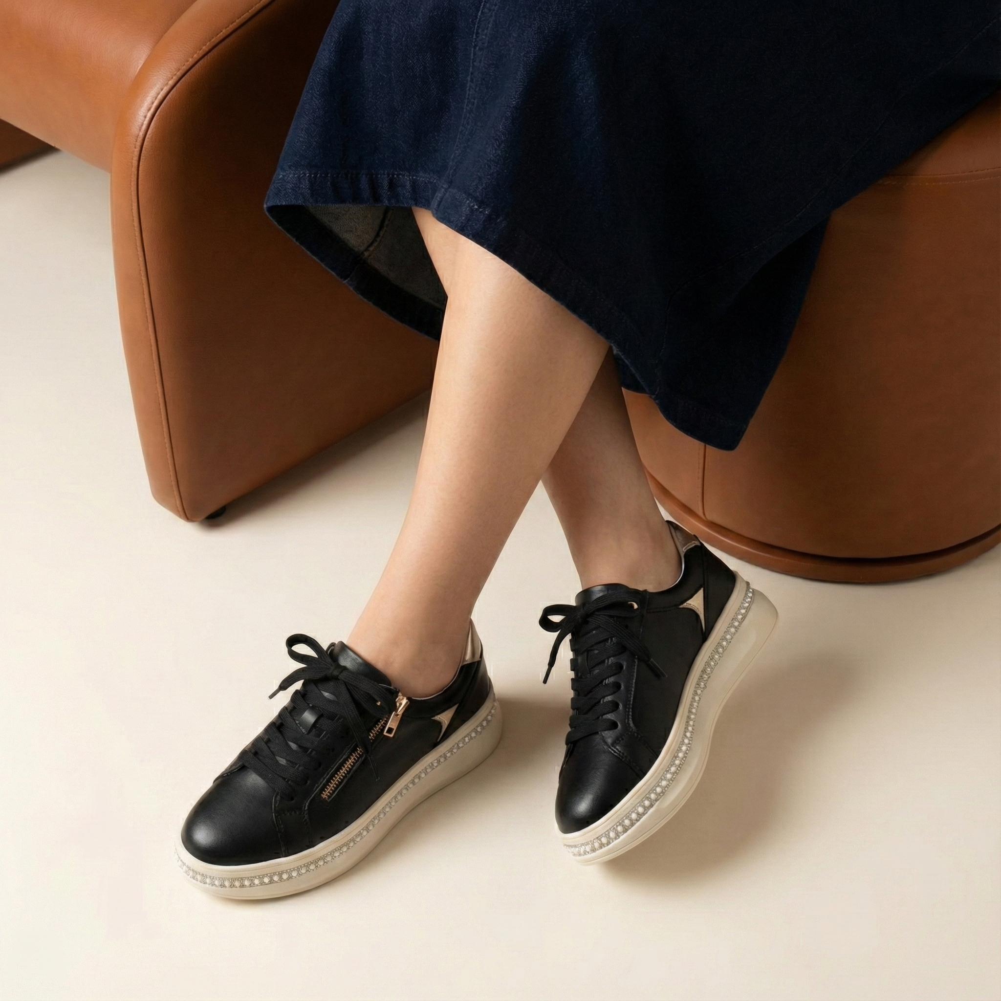 Maribel Black Pearl Zip Platform Sneaker