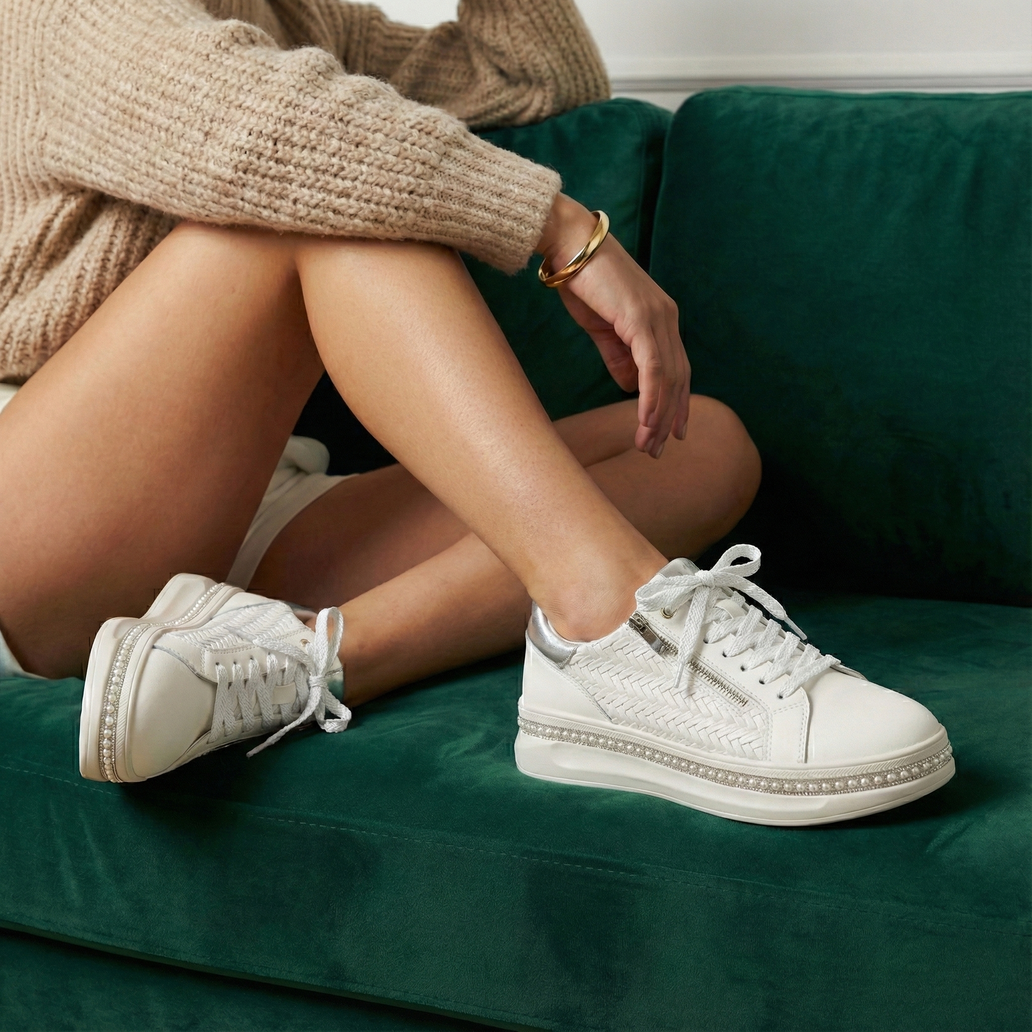 Ava Beige Pearl Weave Zip Platform Sneaker