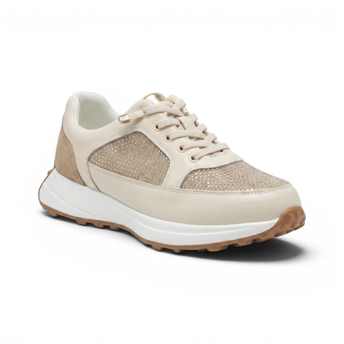 A low-top sneaker in beige and off-white with textured mesh panels, a thick white midsole, and a brown gum outsole, shown on a clean white background.