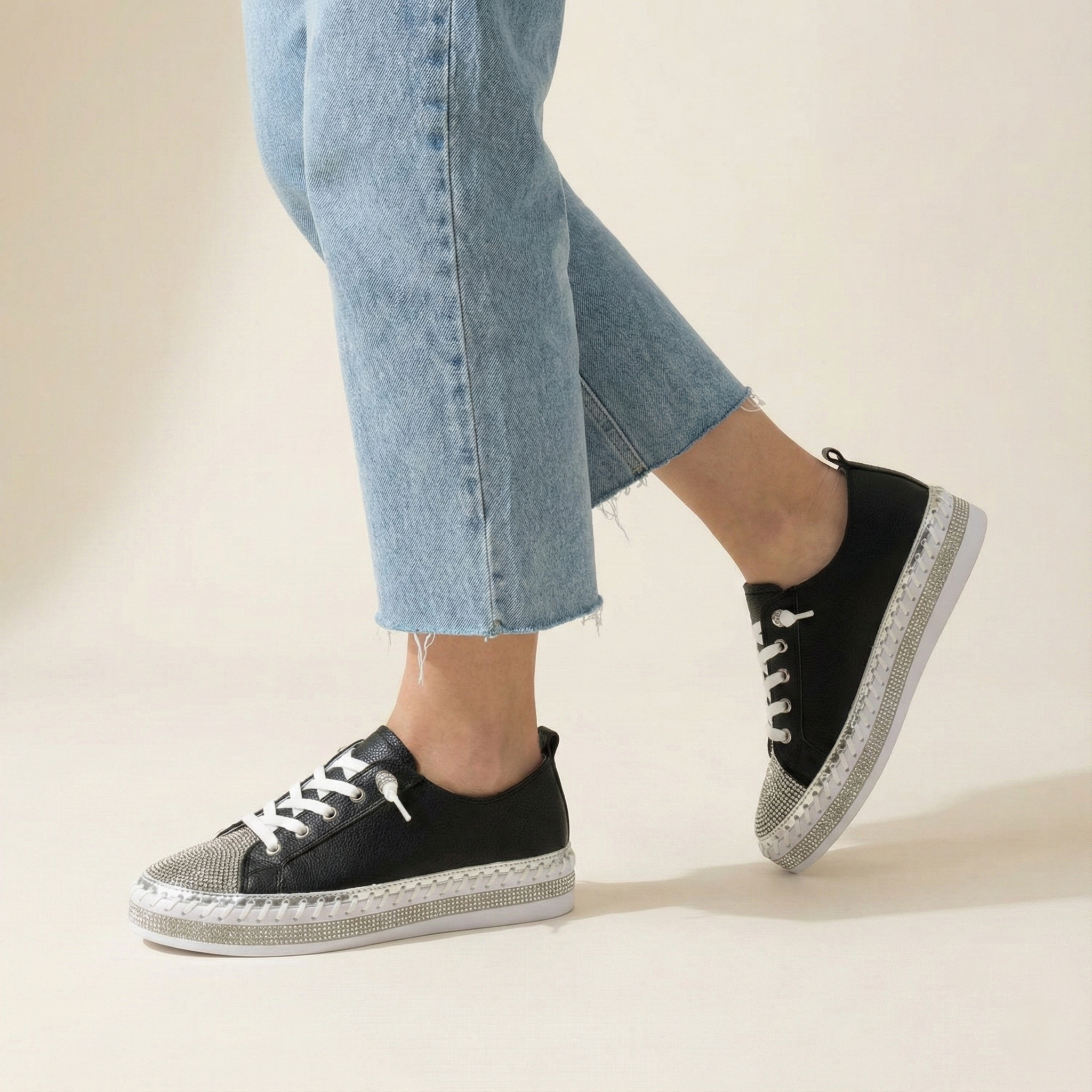 Sofia Black Crystal Toe Leather Sneaker