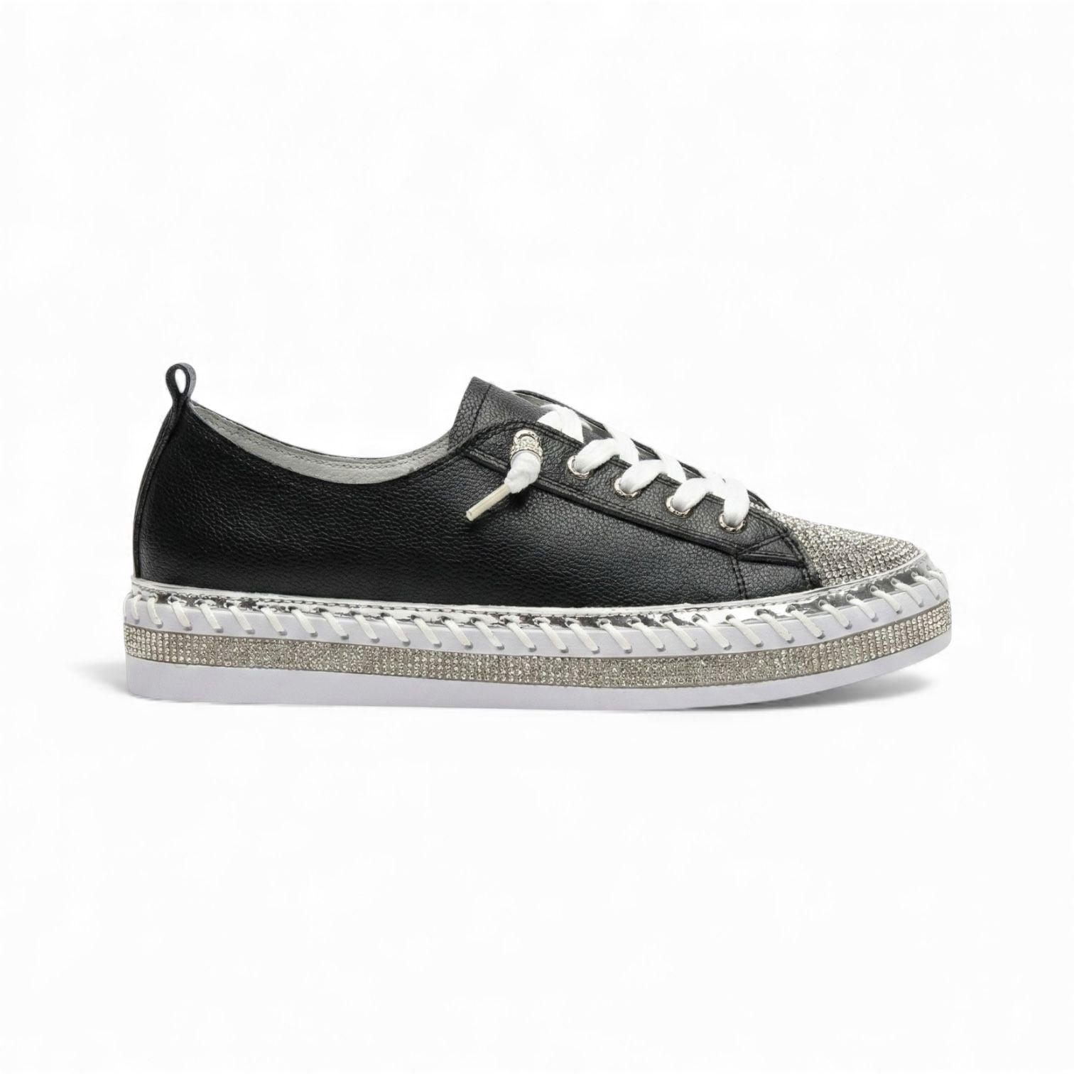 Sofia Black Crystal Toe Leather Sneaker