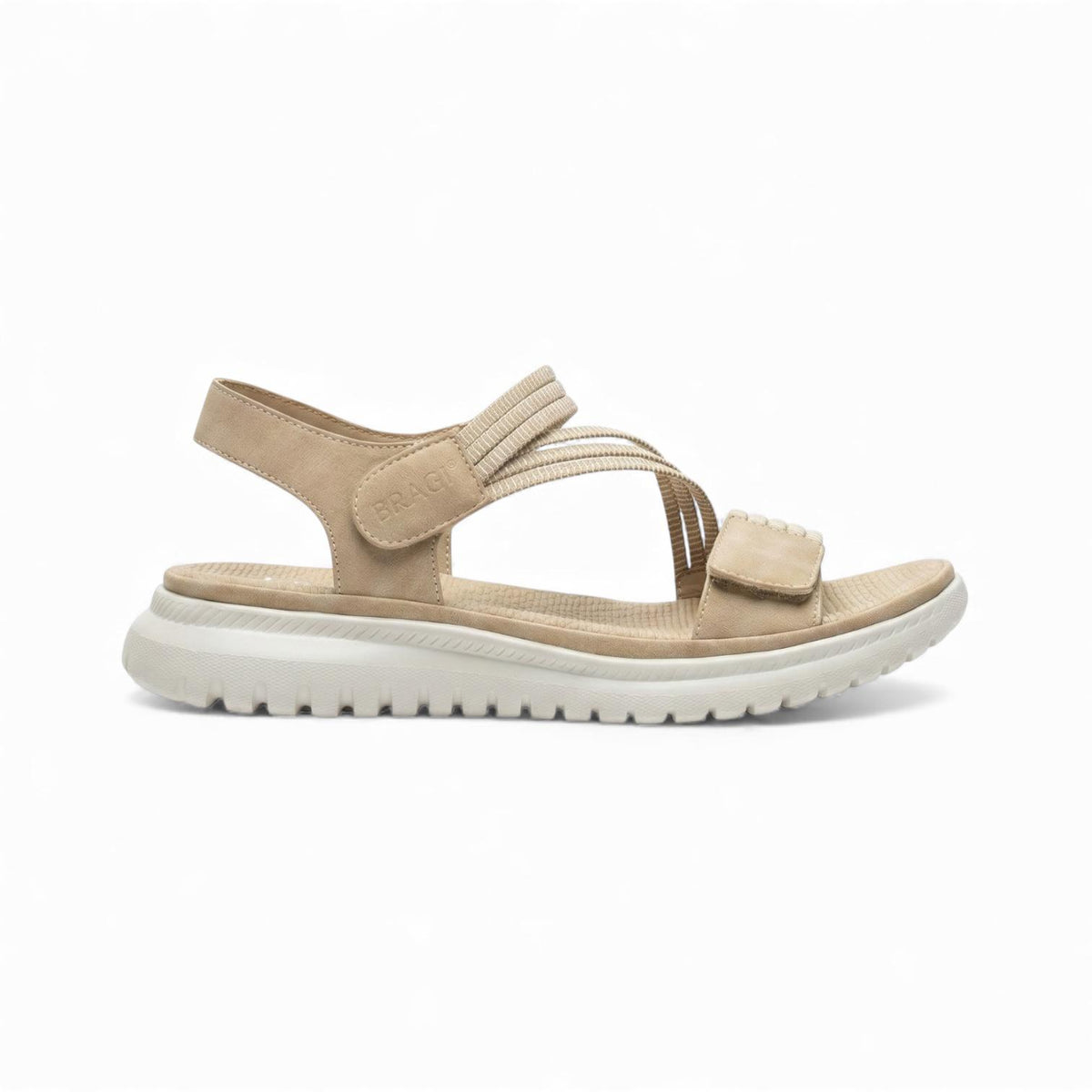 A beige comfort walking sandal with adjustable straps, a cushioned footbed and lightweight flexible sole for comfortable everyday wear.