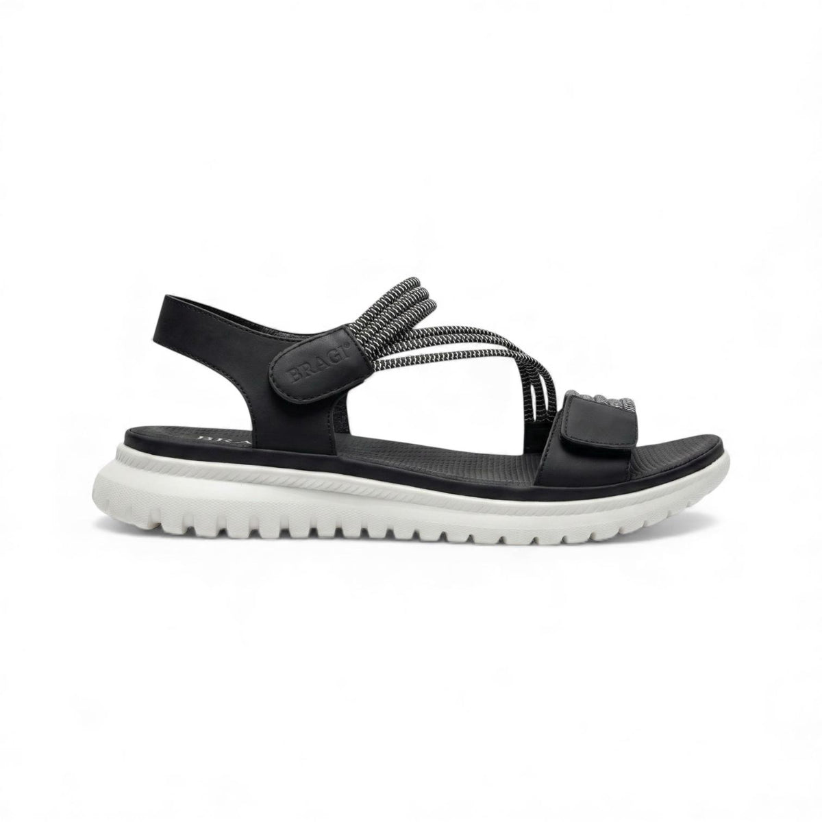 A black comfort walking sandal with adjustable straps, a cushioned footbed and lightweight flexible sole for walking, travel and everyday wear.