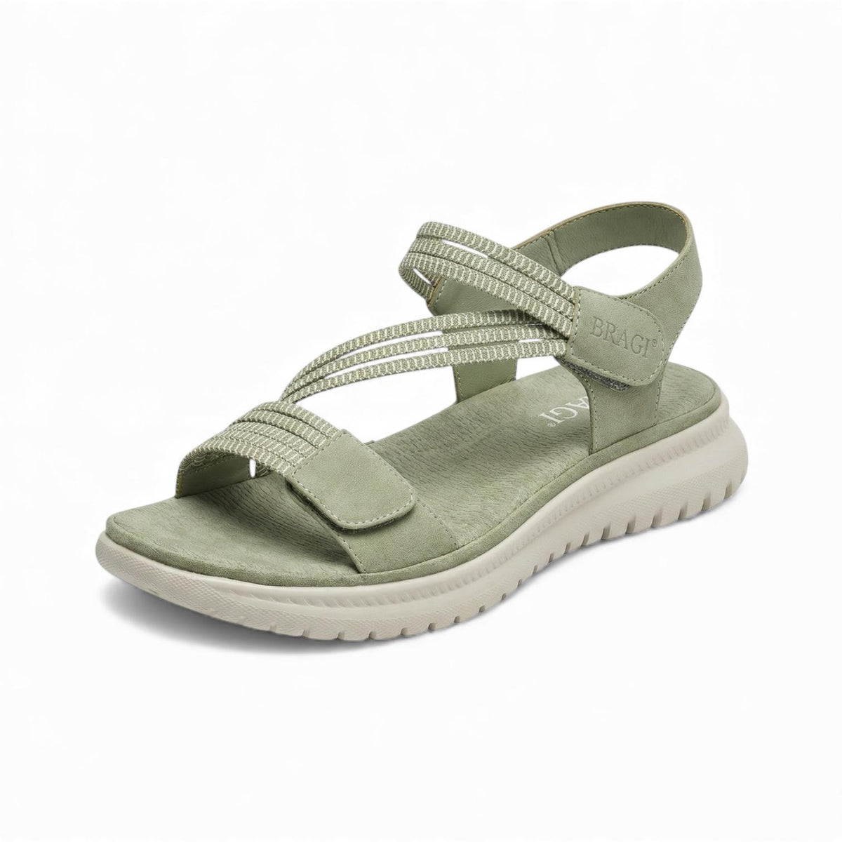 A sage green comfort walking sandal with adjustable straps, a cushioned footbed and lightweight flexible sole for easy everyday wear.
