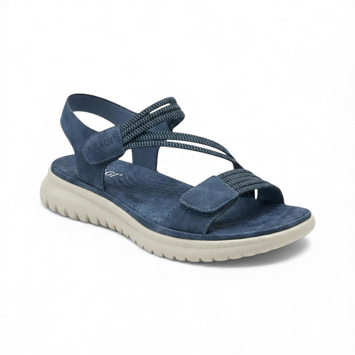A navy comfort walking sandal with adjustable straps, a cushioned footbed and lightweight flexible sole designed for easy everyday wear.