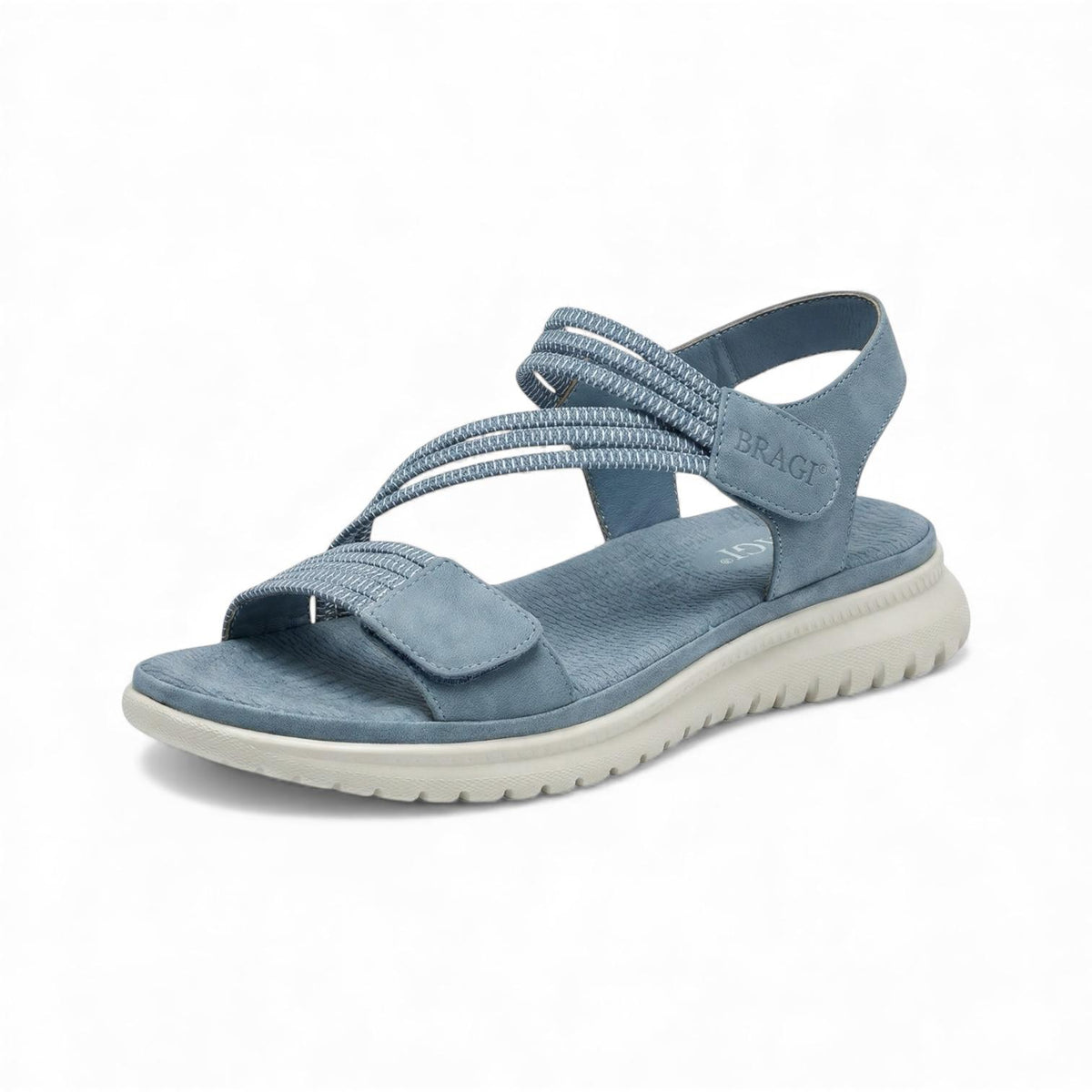 A light blue comfort walking sandal with adjustable straps, a cushioned footbed and flexible lightweight sole for walking and everyday wear.