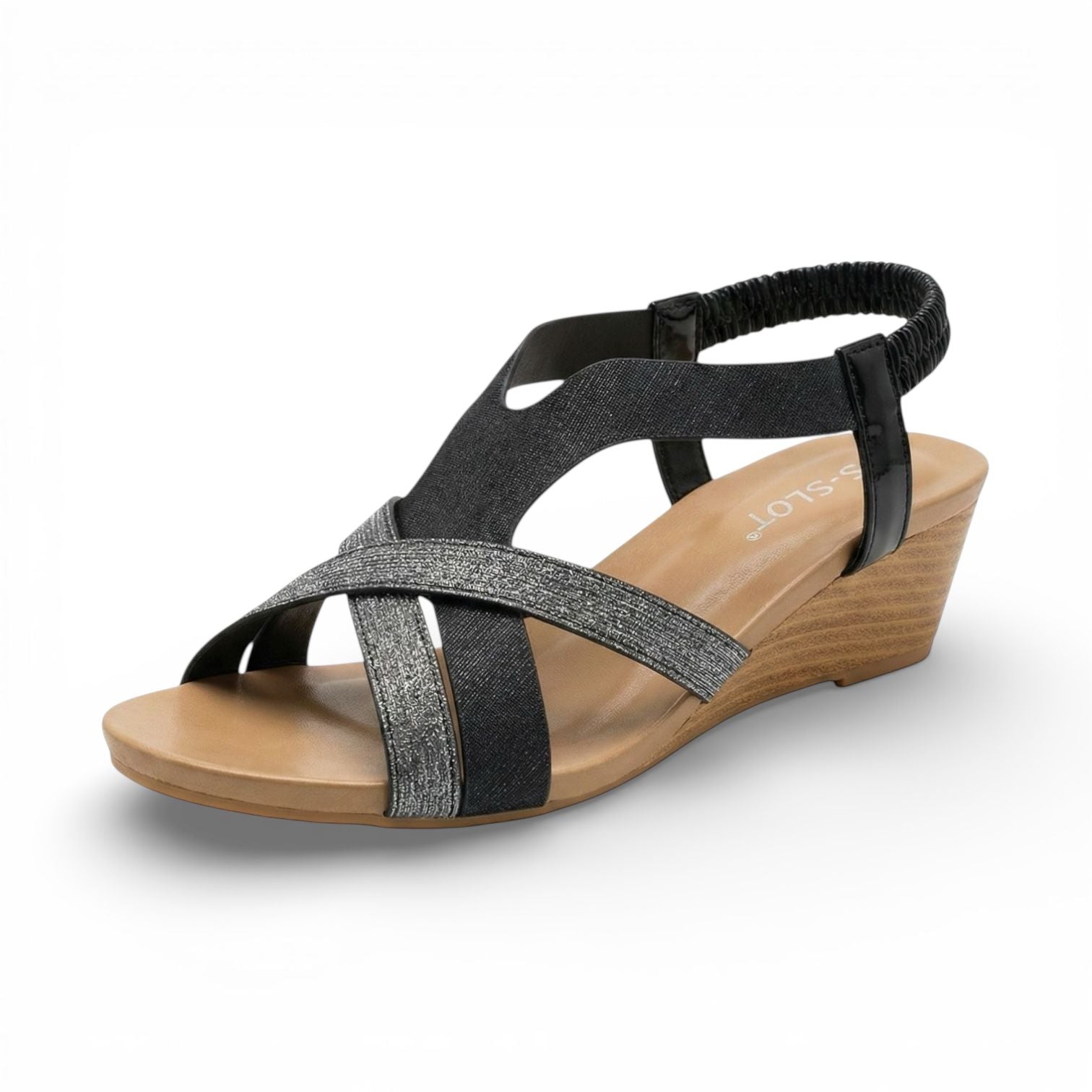 Sienna Black Cross Strap Wedge Sandal