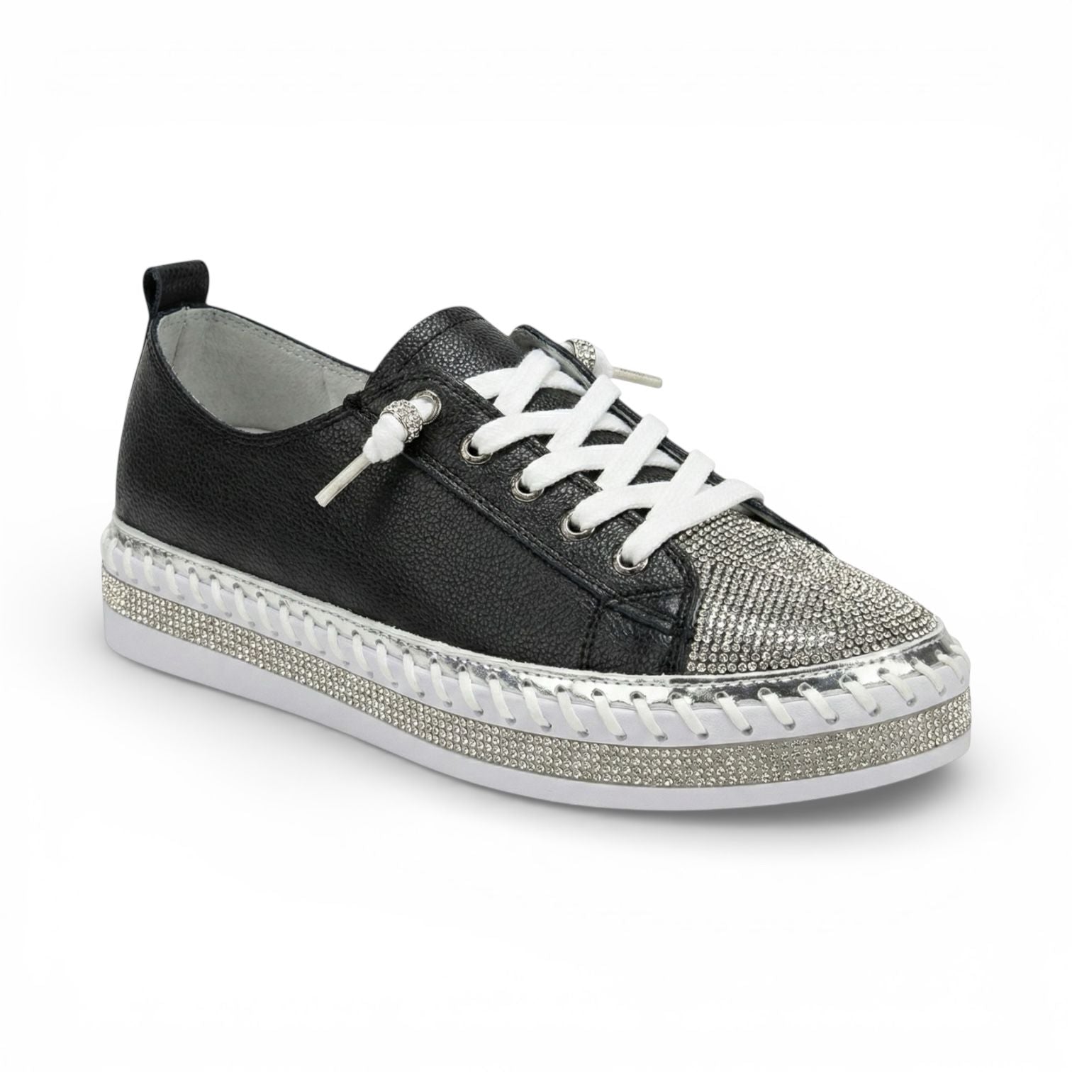 Sofia Black Crystal Toe Leather Sneaker