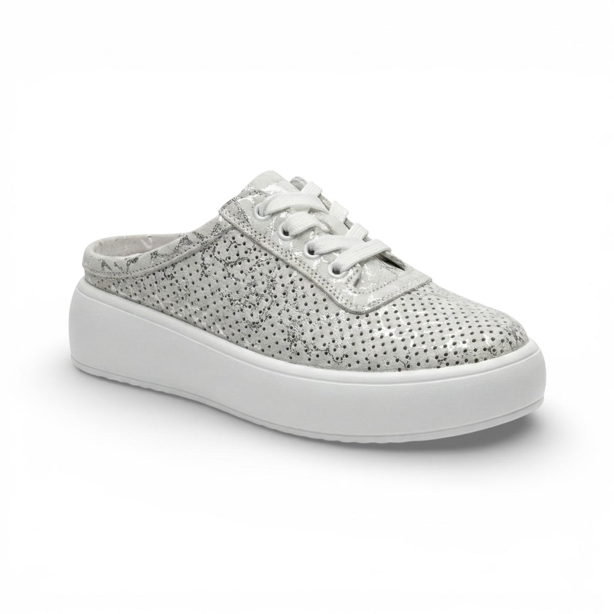 A light gray slip-on platform sneaker with perforated upper, white laces, and a thick white sole, shown from a three-quarters angle on a white background.