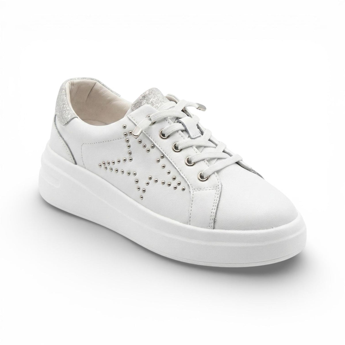 A white platform sneaker with silver studded star detailing, glitter accents and a lightweight cushioned sole for comfortable everyday wear.