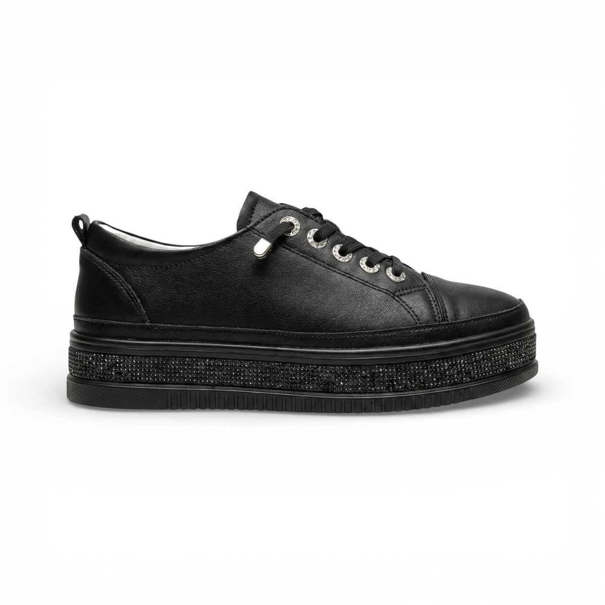 A black diamante platform sneaker with sparkling sole detail, silver-tone hardware and a lightweight cushioned platform for comfortable everyday wear.