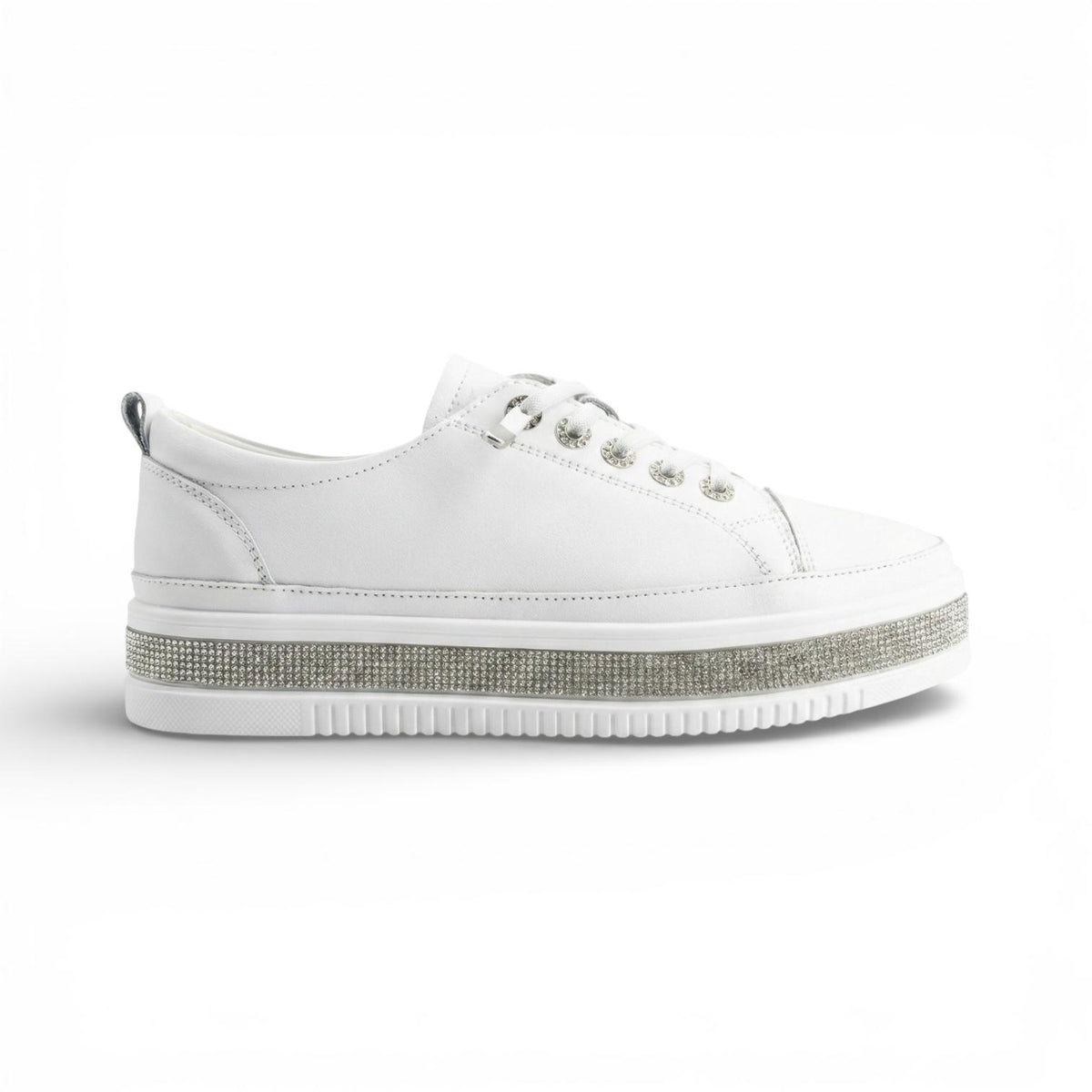 A white low-top platform sneaker with a textured, rhinestone-embellished midsole and white laces, shown in a side profile on a white background.