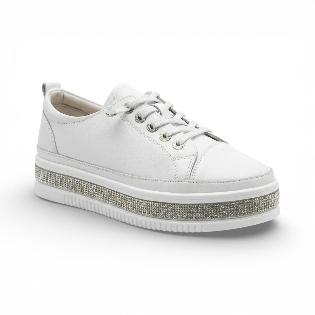 A white leather low-top platform sneaker with a silver rhinestone-embellished midsole band, white laces, and a white outsole, shown on a clean white background.