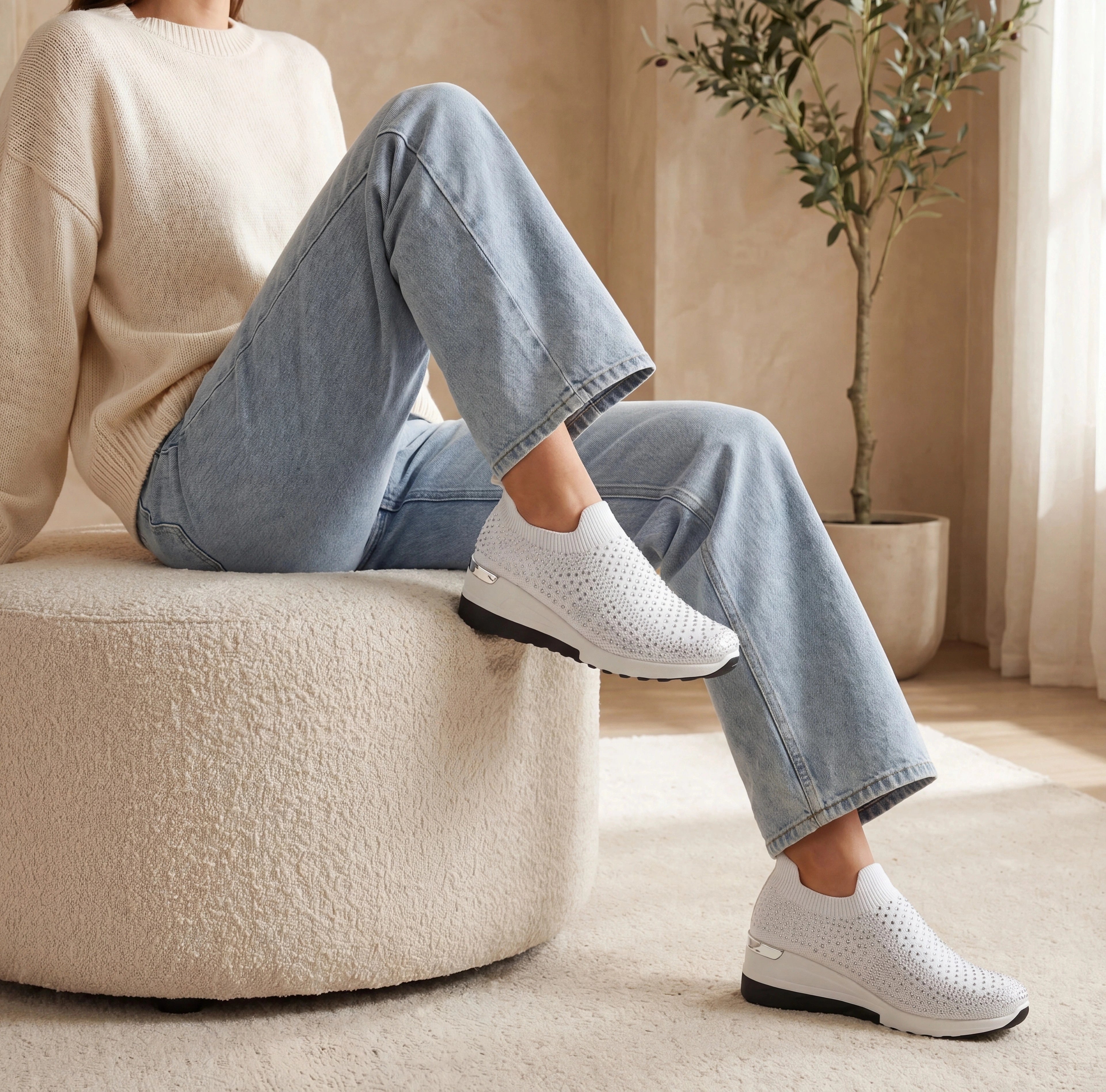 Serena White Crystal Knit Wedge Sneaker