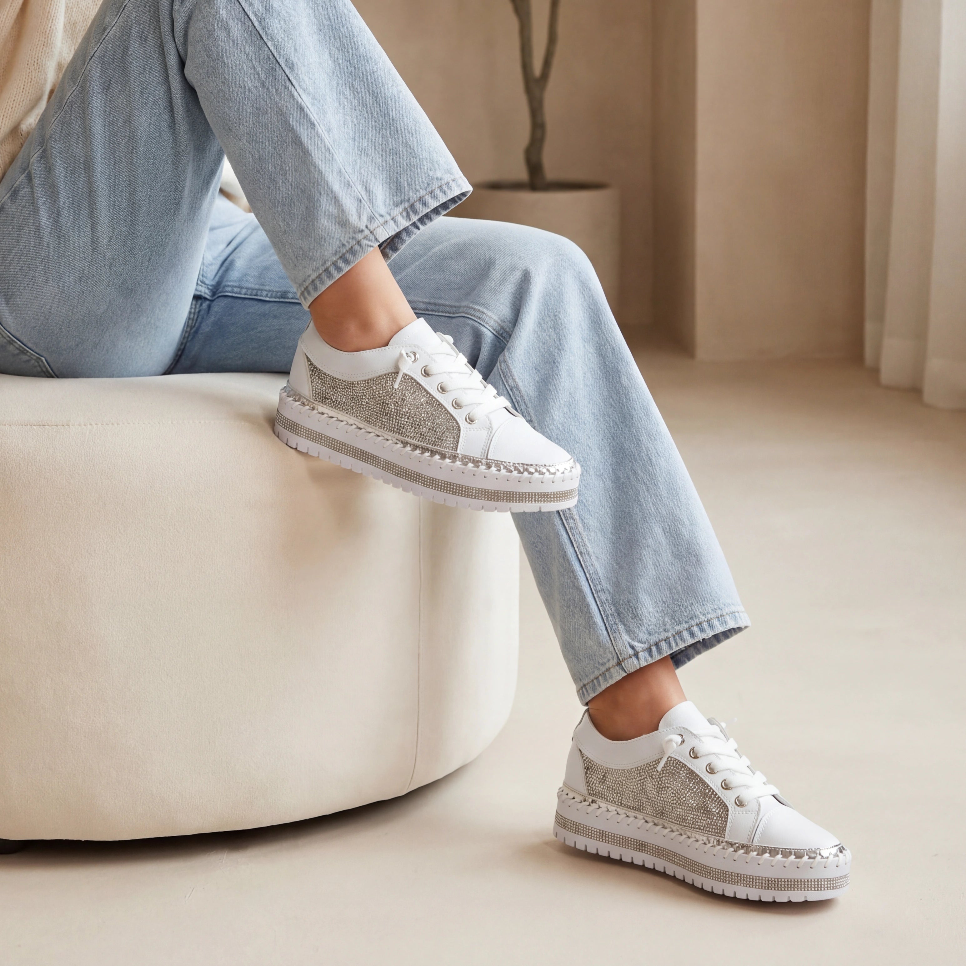 Virella White Crystal Panel Platform Sneaker
