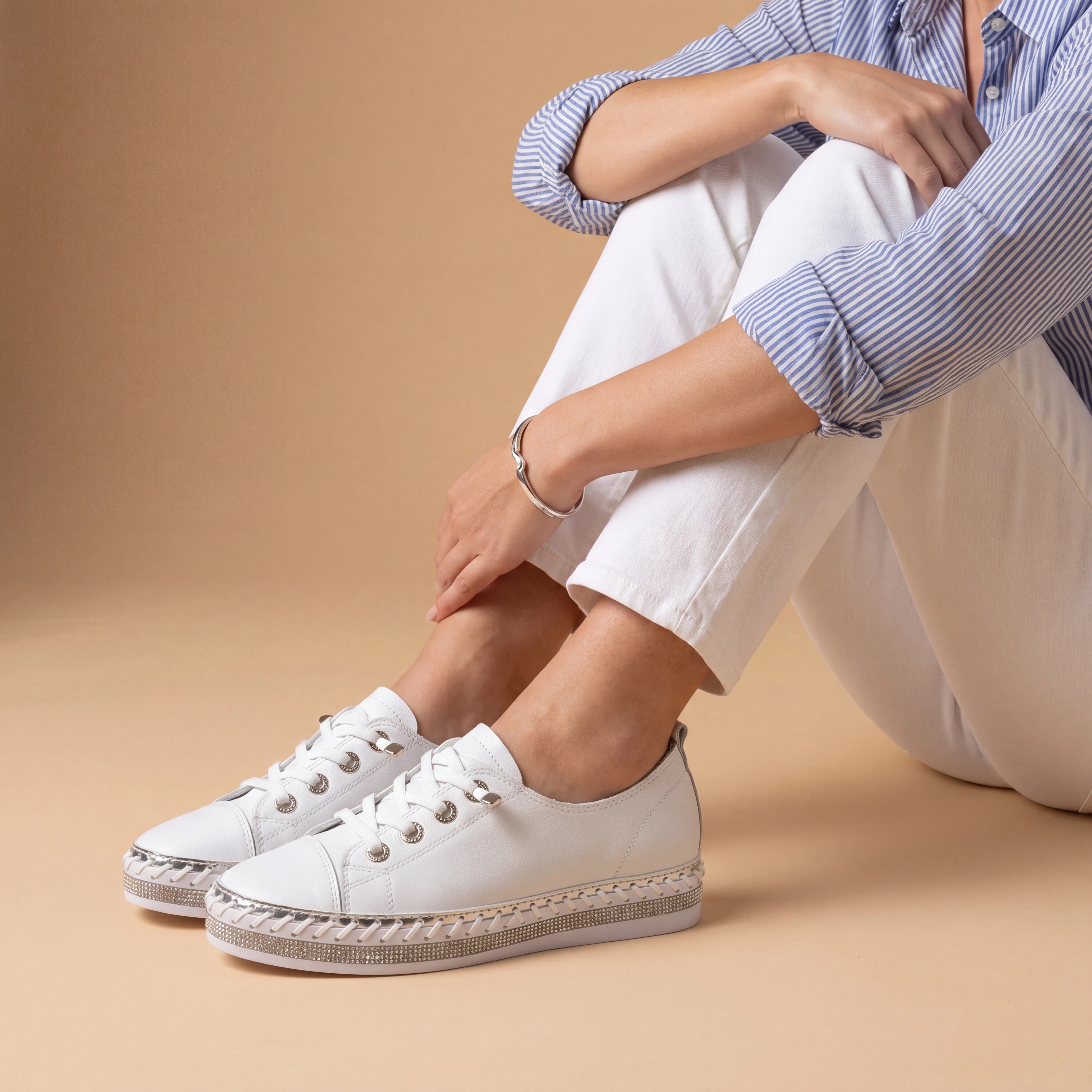Harper White Crystal Trim Leather Sneaker