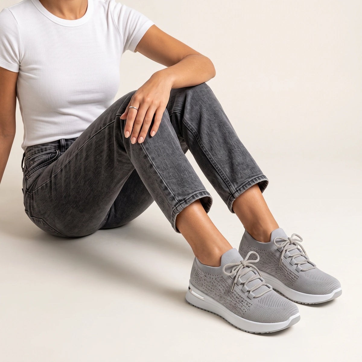 Aurelia Grey Diamante Knit Sneakers