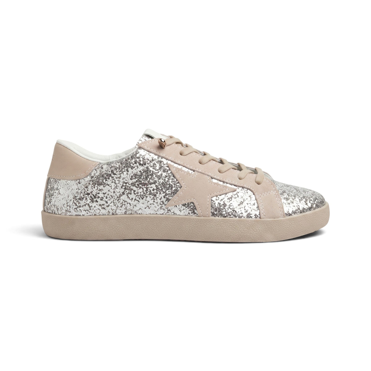 Silver and beige sequin star sneaker side view