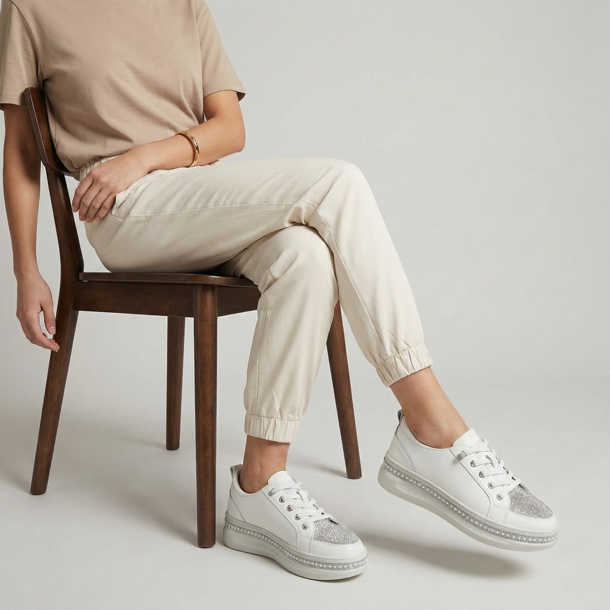 Matilda Beige Crystal Toe Platform Sneaker