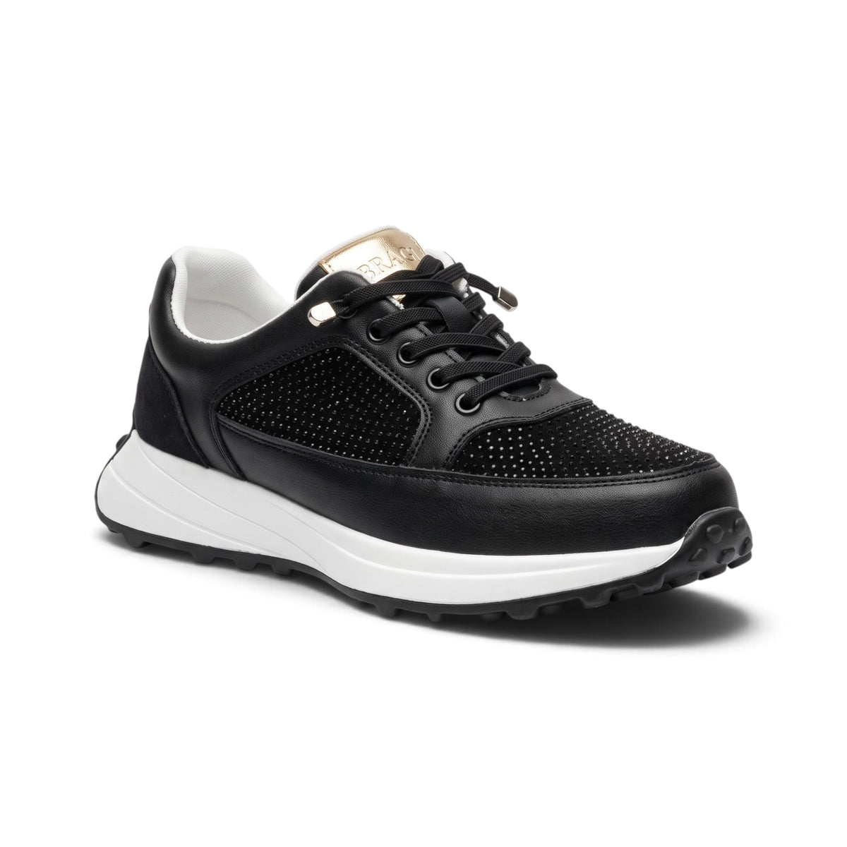 A black diamante platform runner sneaker with sparkling tonal panels, a lightweight cushioned sole and padded support for comfortable everyday wear.