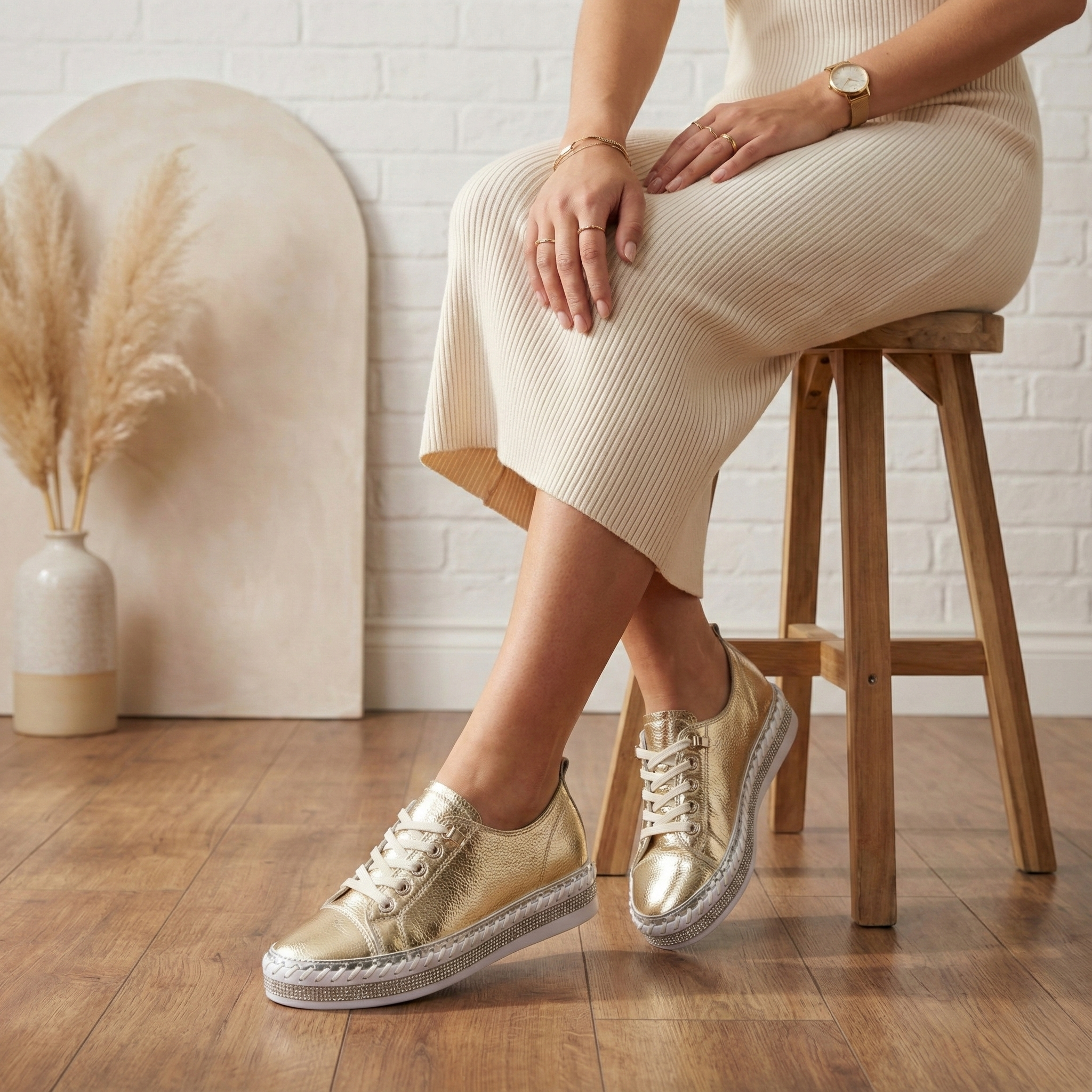 Harper Gold Crystal Trim Leather Sneaker