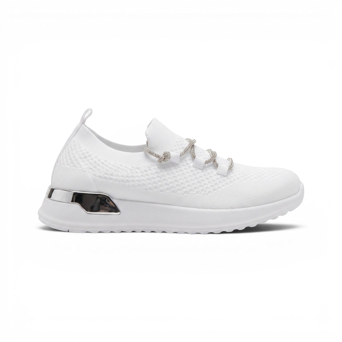 White knit lace-up sneakers with breathable upper, cushioned sole, and subtle crystal-style detailing. Comfortable, stylish, and easy to wear.
