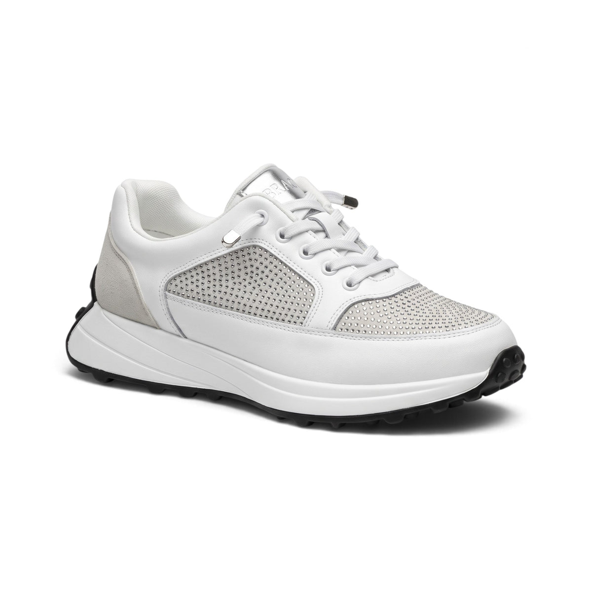 A white and silver diamante platform runner sneaker with sparkling panels, a lightweight cushioned sole and padded comfort for everyday wear.