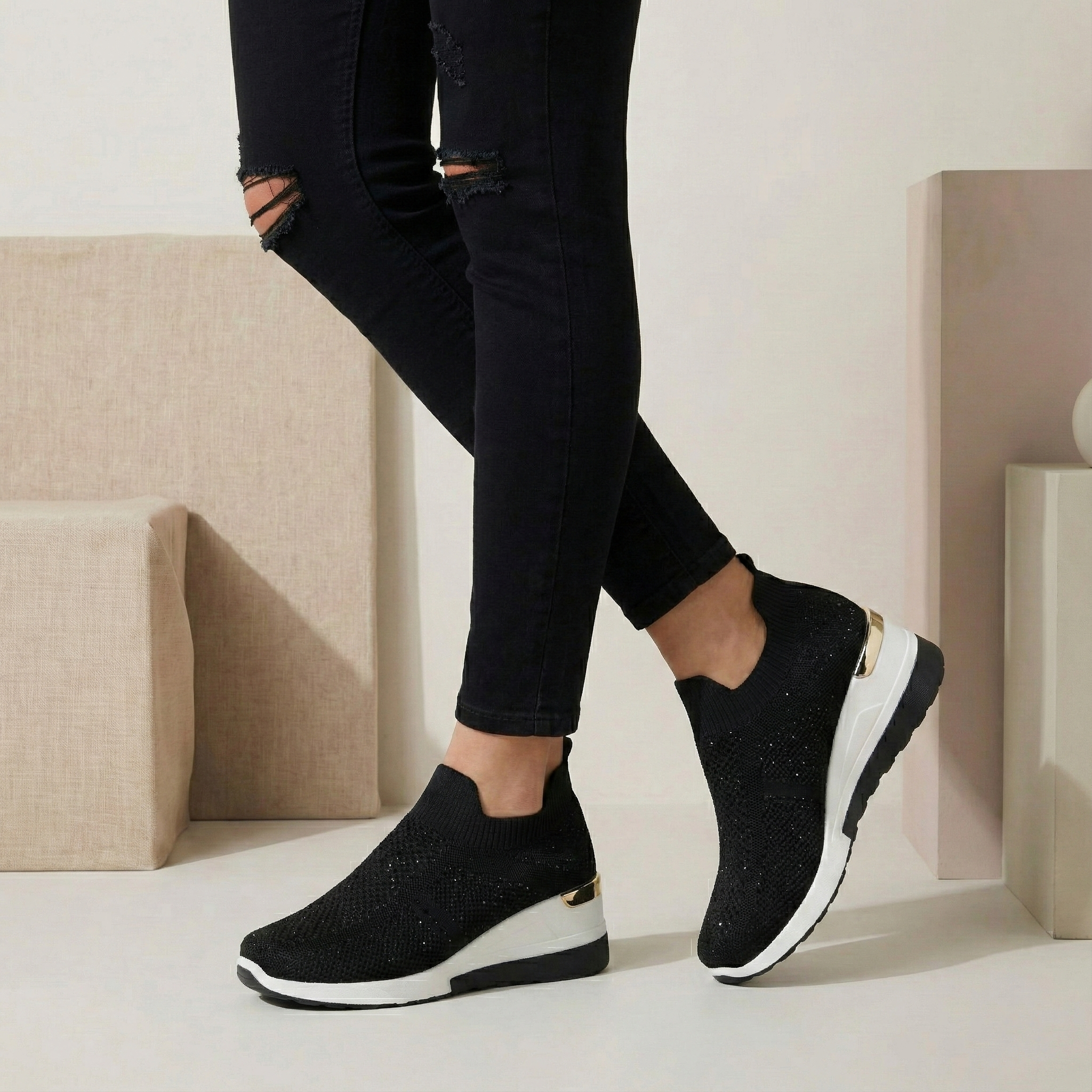 Serena Black Crystal Knit Wedge Sneaker
