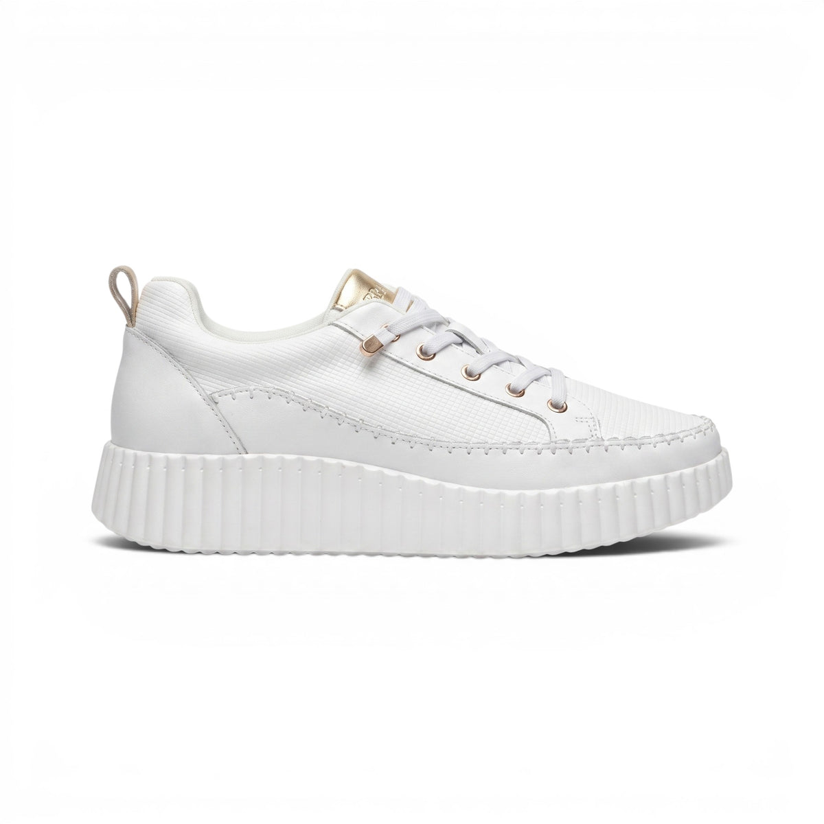 A white low-top platform sneaker with a textured upper, white laces, and a chunky ridged sole, shown in a side profile on a white background.