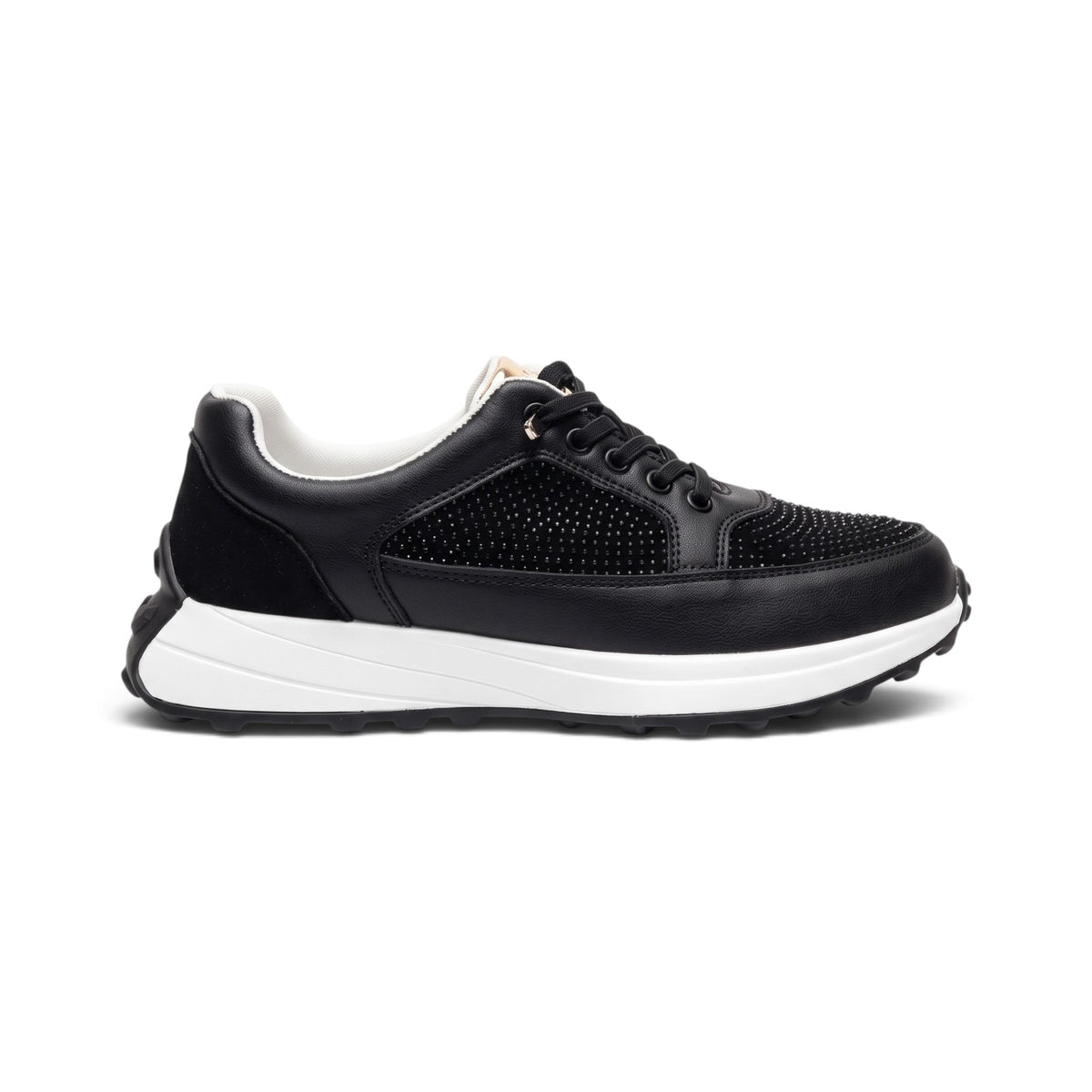 A black diamante platform runner sneaker with sparkling tonal panels, a lightweight cushioned sole and padded support for comfortable everyday wear.