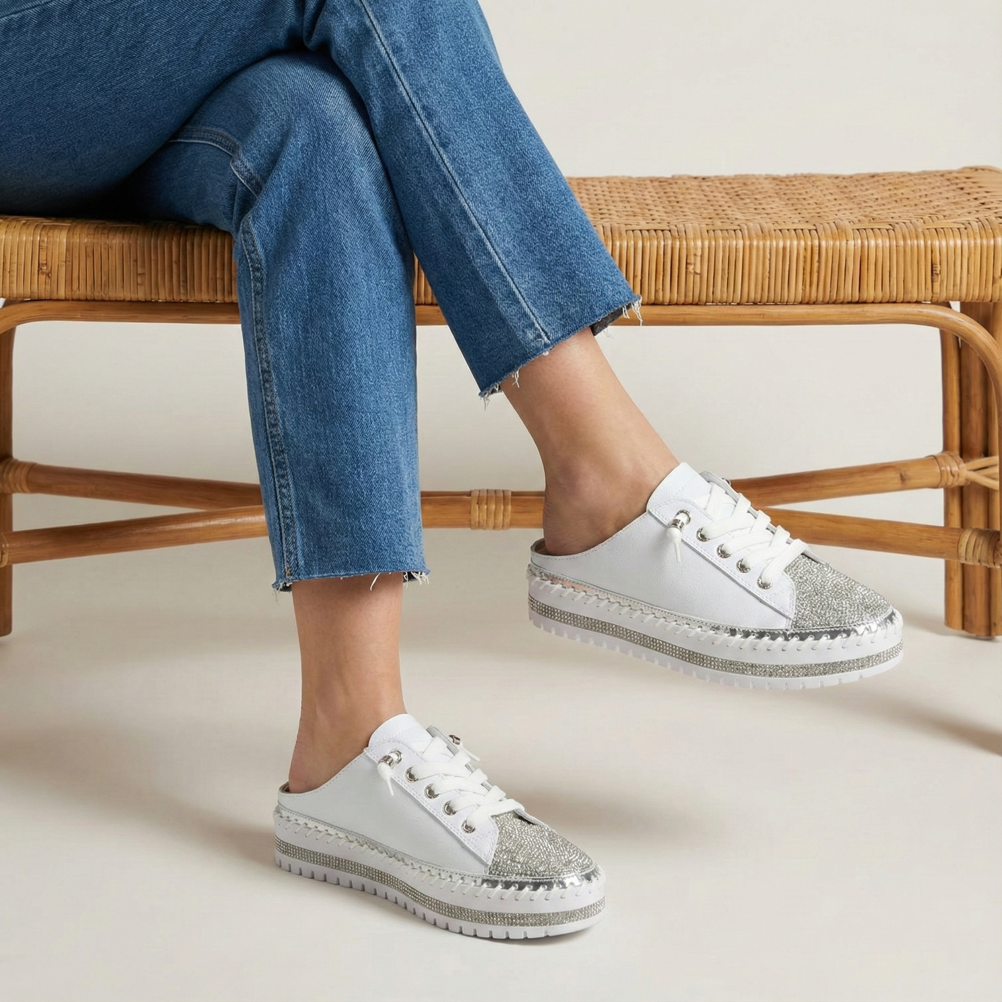 Mila White Sparkle Toe Mule Sneaker