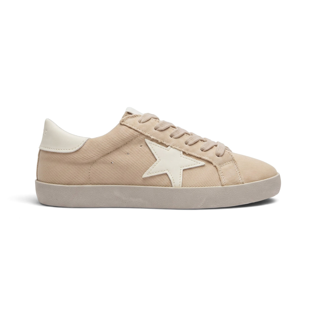 A beige canvas low-top sneaker with a white star logo on the side, beige laces, and a light beige sole, shown in a side profile on a white background.